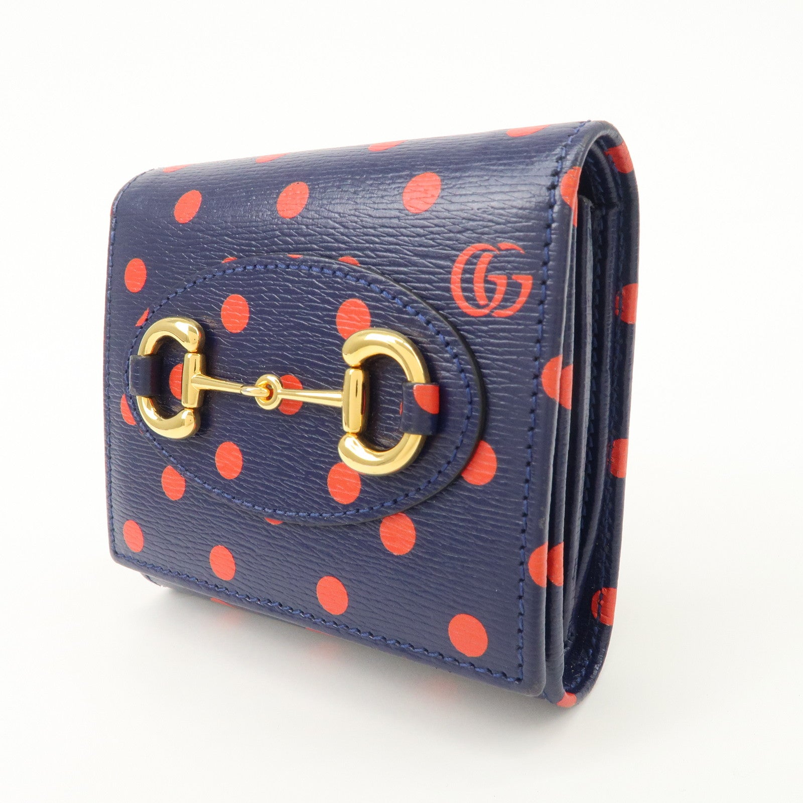 GUCCI Horsebit Dots Pattern Leather Bi-fold Wallet Navy Red 621891 Used