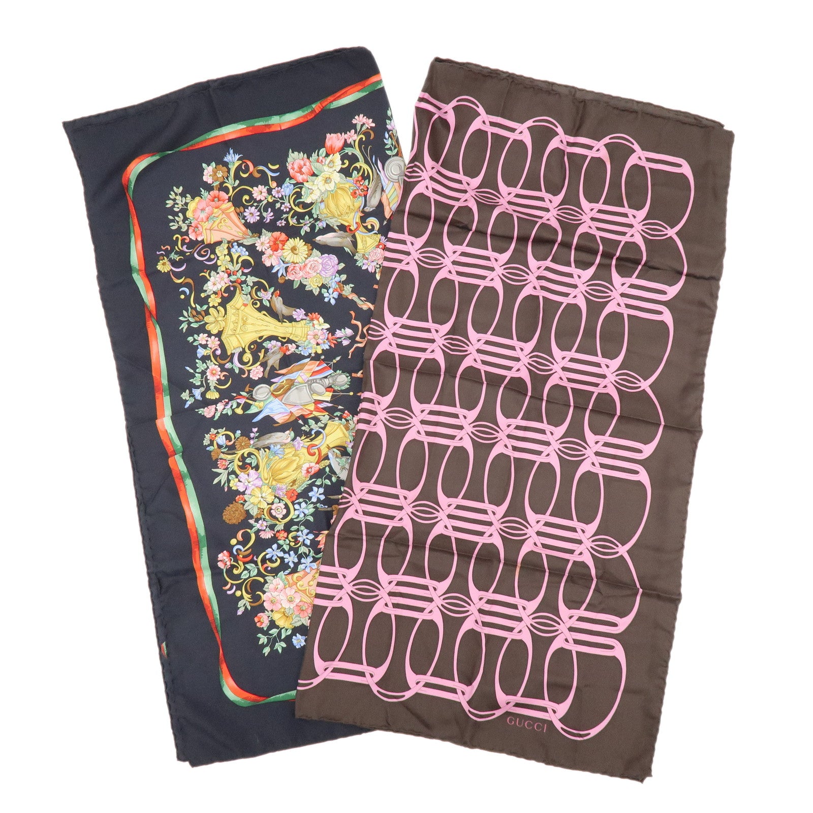 GUCCI Lot of 2 Silk 100% Scarf Black Red Yellow Pink Brown
