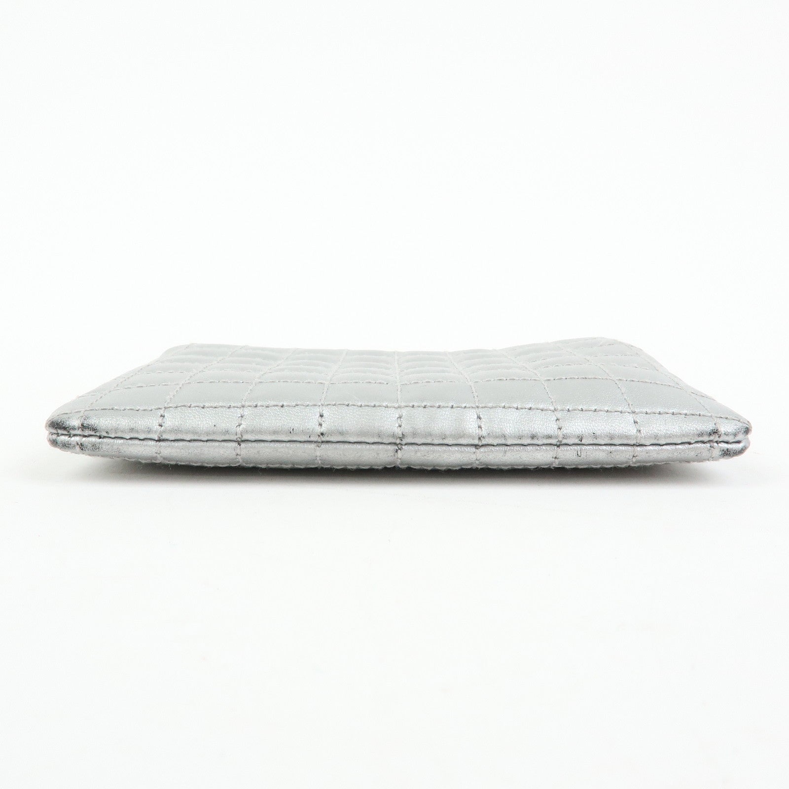 CELINE Leather C Charm Coin Case Coin Purse Metallic Silver