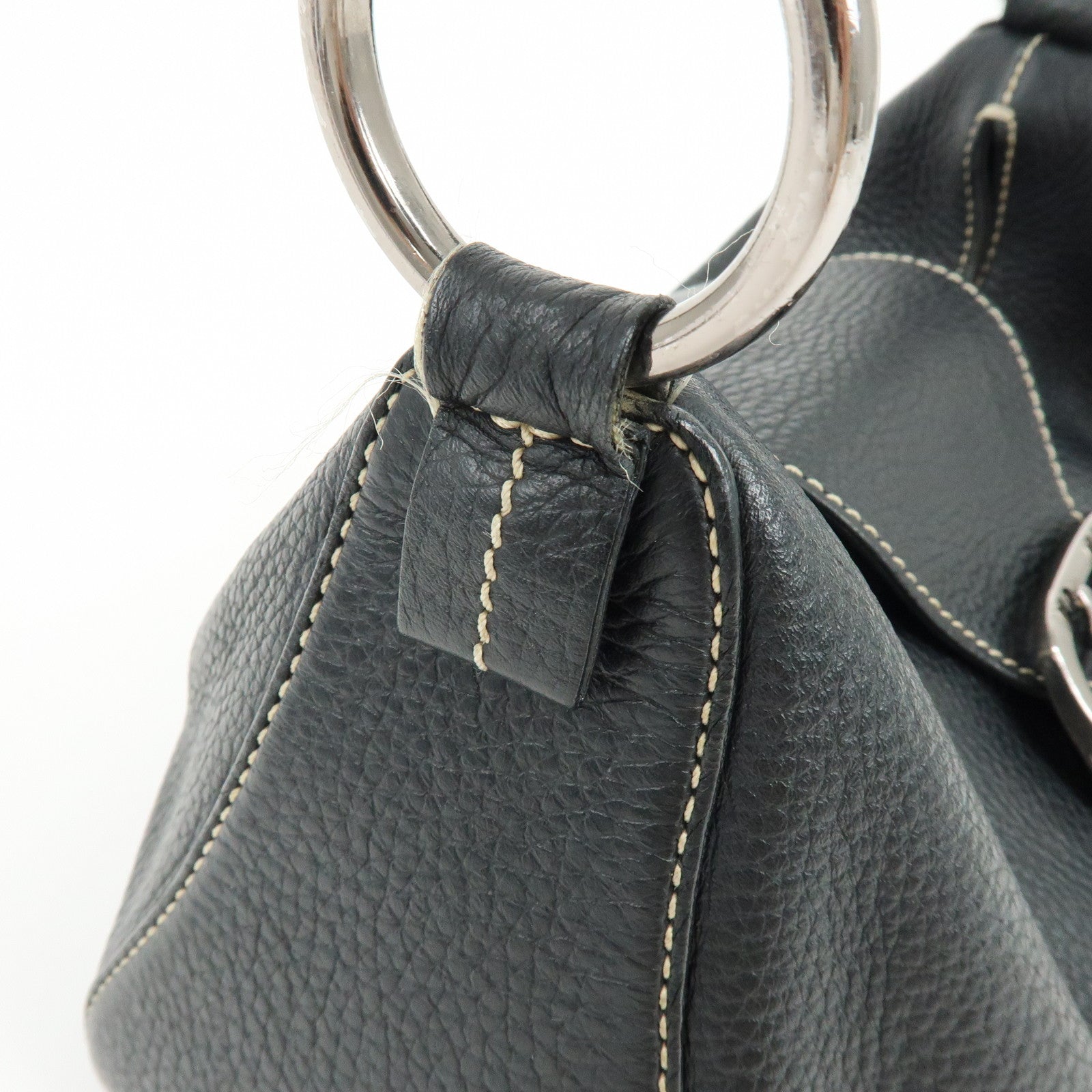 TOD'S Leather Stitched Buckle Hand Bag Shoulder Bag Black