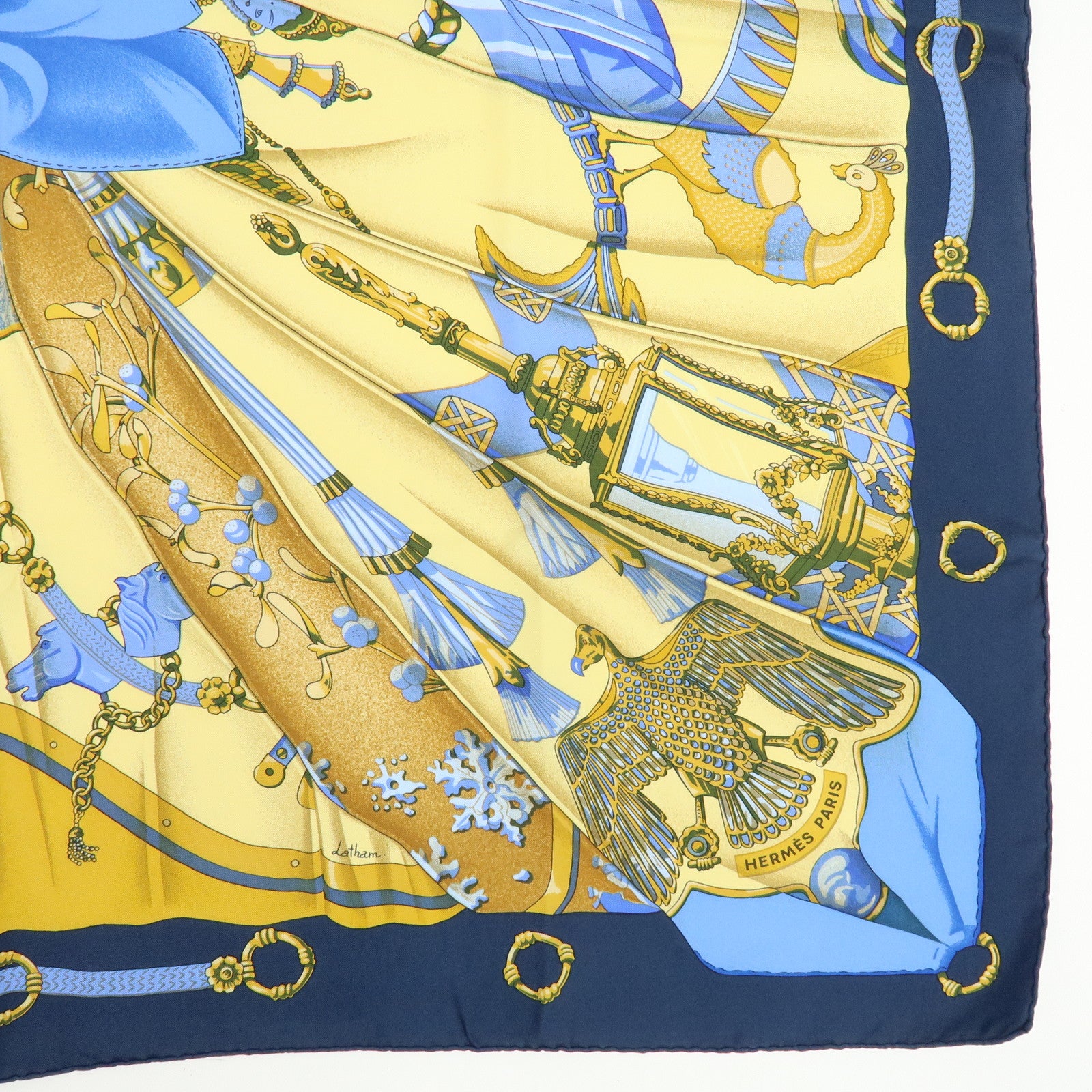HERMES Carre 90 Silk 100% Scarf Soleil de Soie Blue Navy Yellow