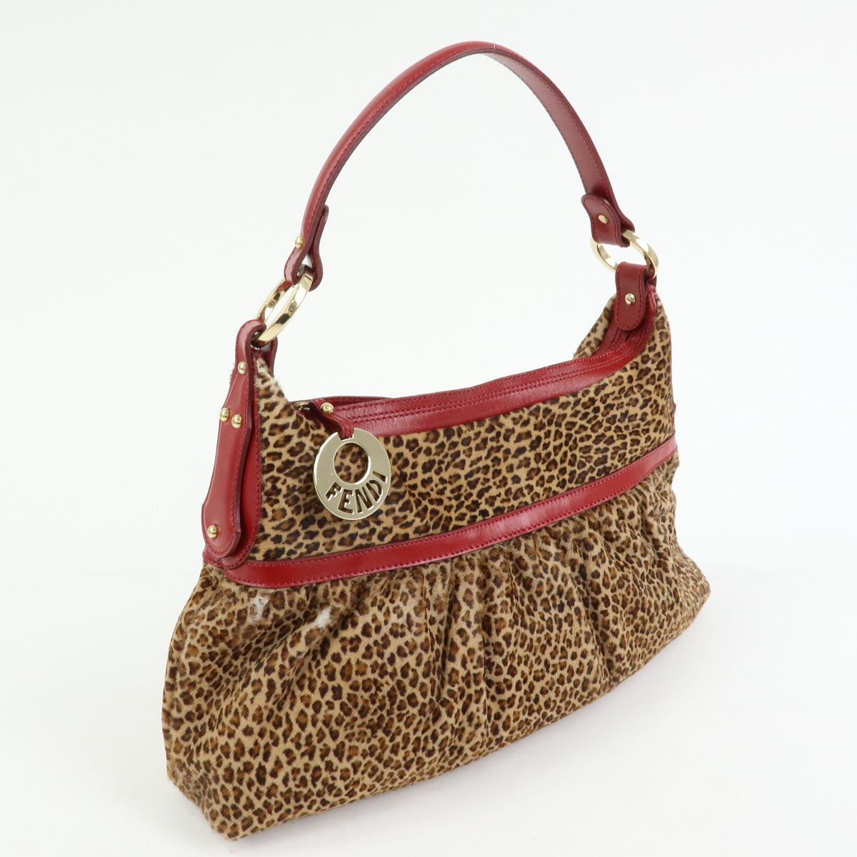 FENDI Pony Hair Leather Leopard Shoulder Bag Hand Bag Brown Red 8BR448