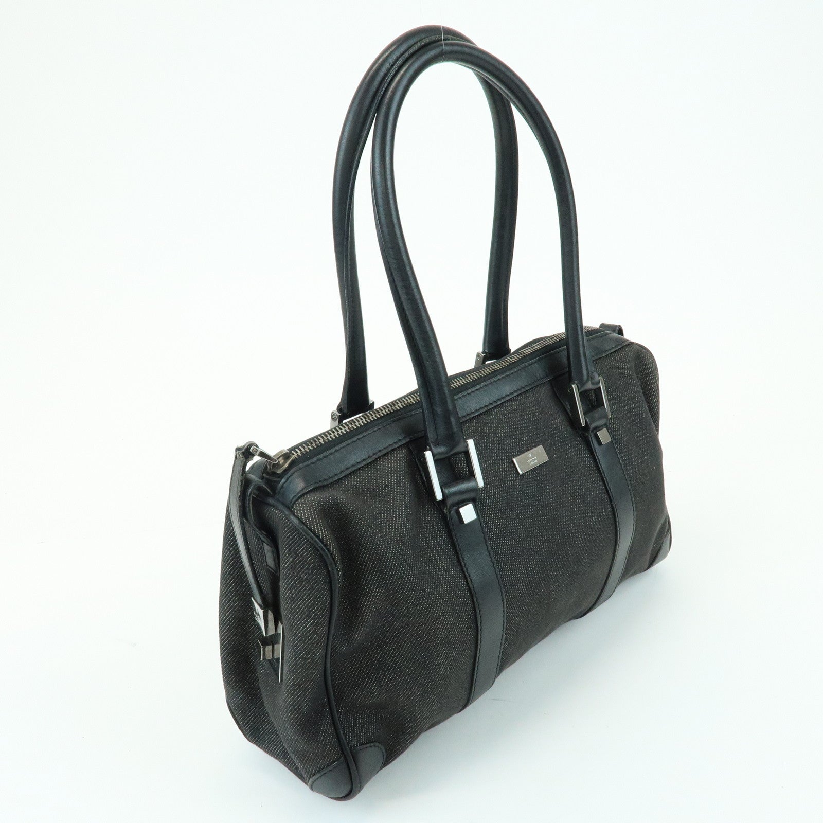 GUCCI Canvas Leather Boston Bag Hand Bag Black Dark Grey 30458