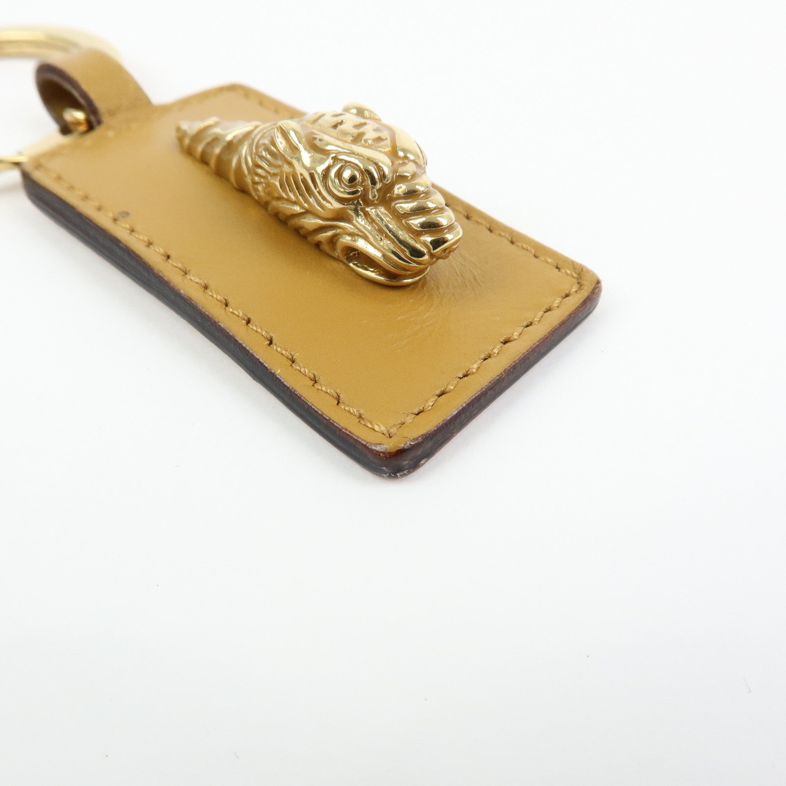 GUCCI Tiger Head Leather Metal Bag Charm Key Holder Brown Gold