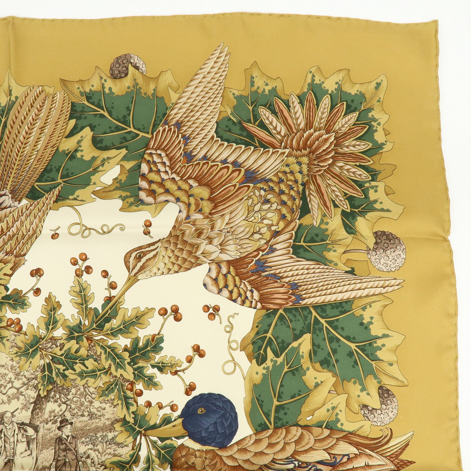 Ferragamo Silk 100% Scarf Bird Print Khaki Brown