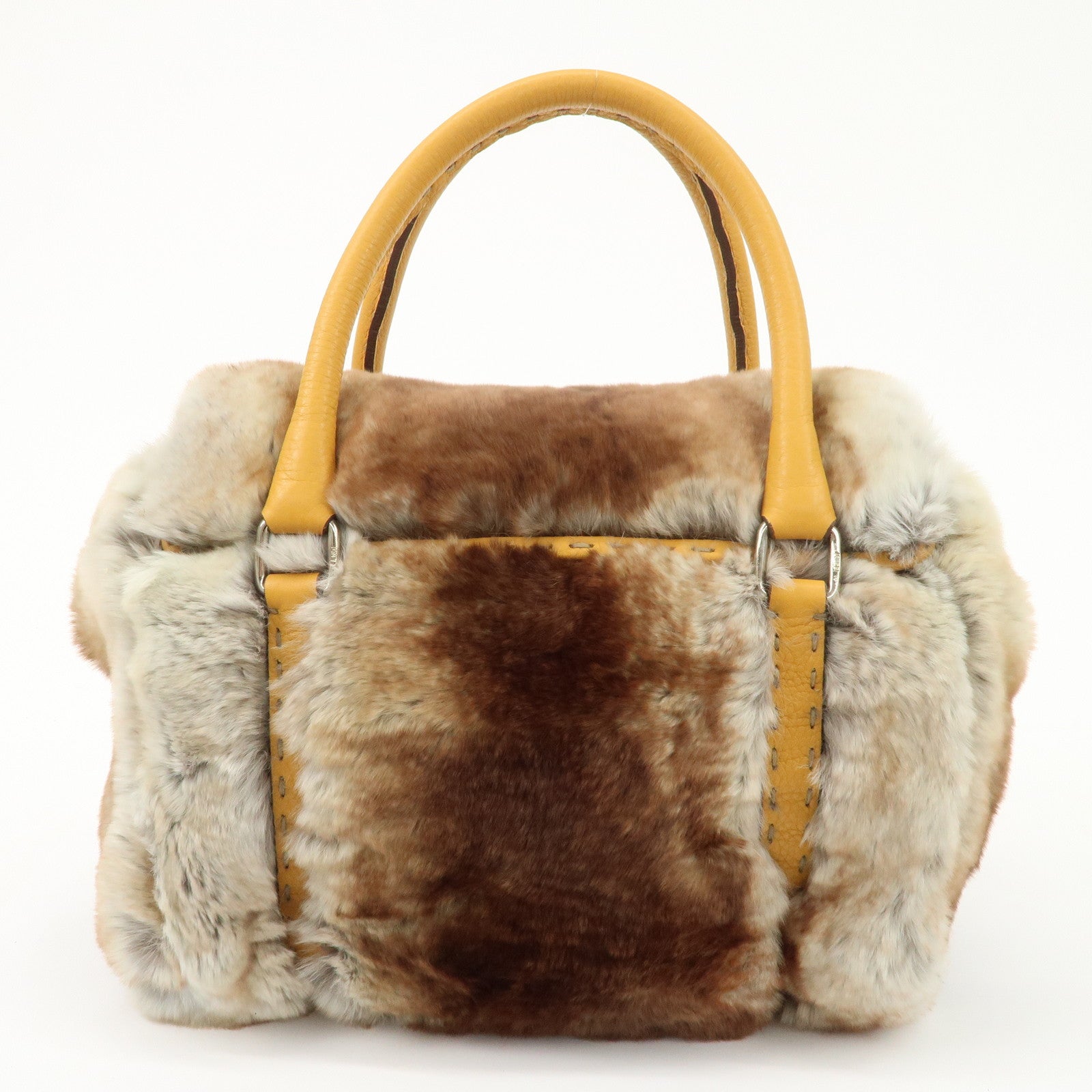 FENDI Seleria Leather Fur Mini Linda Hand Bag Brown White 8BR486 Used