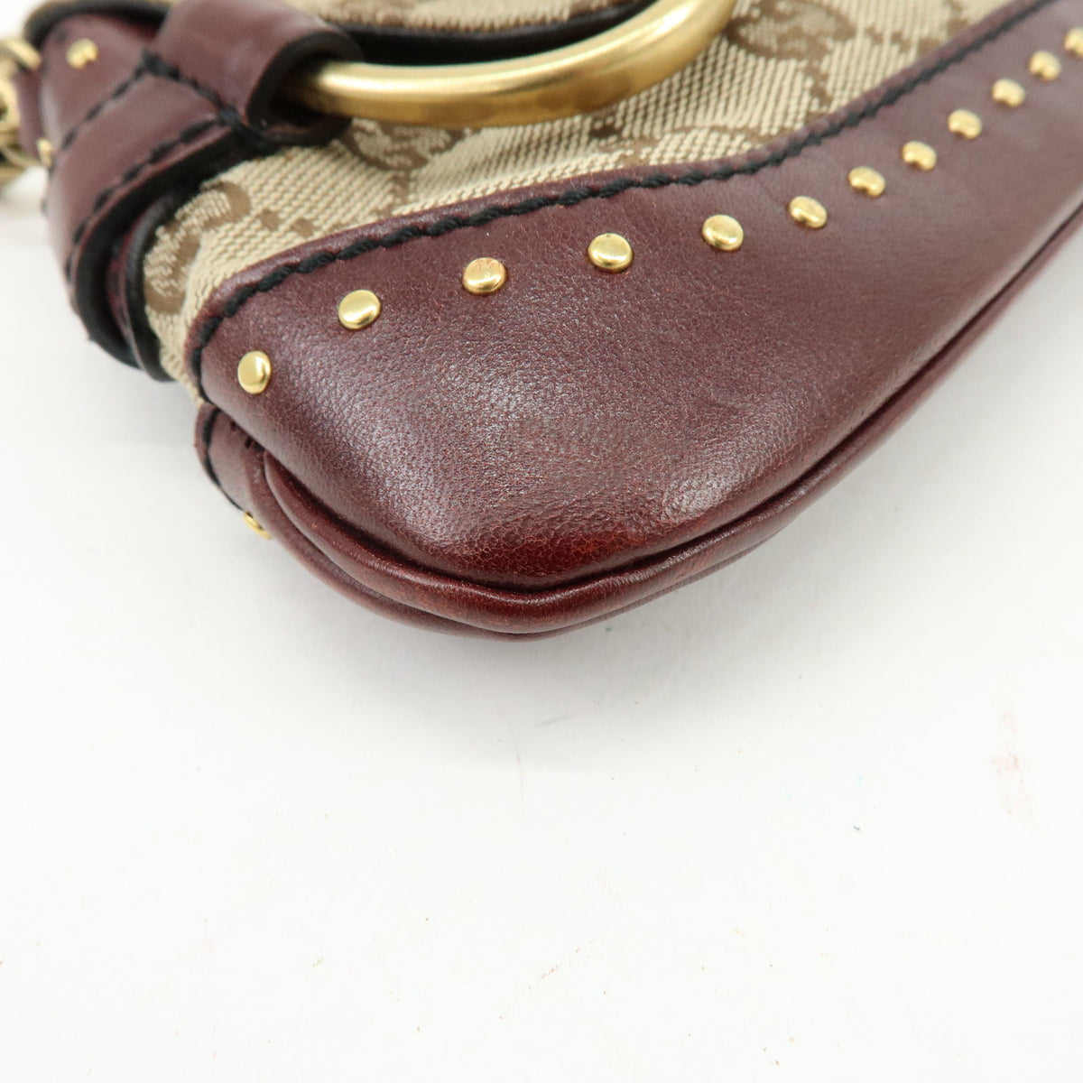 GUCCI Horsebit GG Canvas Leather Chain Hand Bag Brown Bordeaux 119186