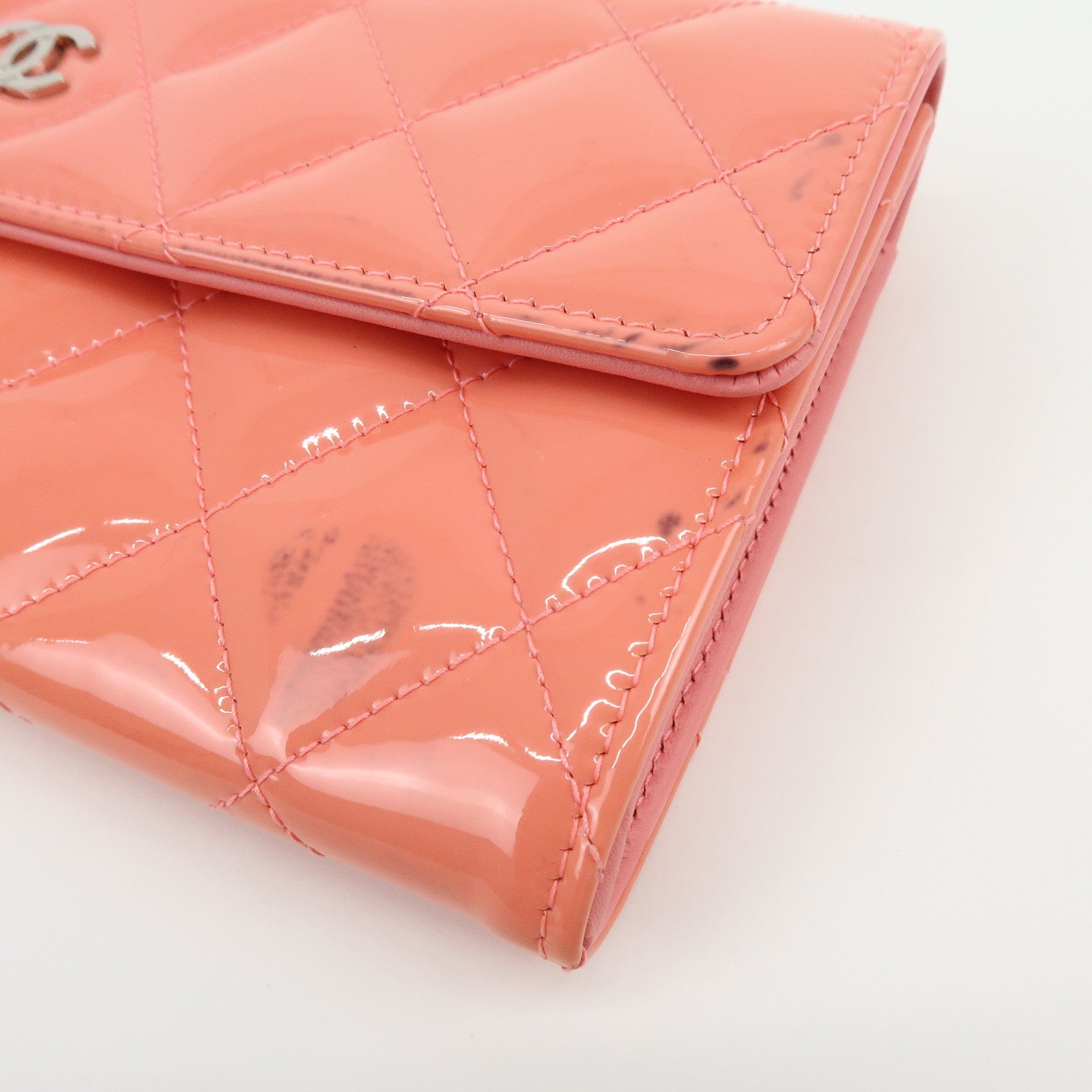CHANEL COCO Mark Matelasse Patent Leather Long Wallet Salmon Pink