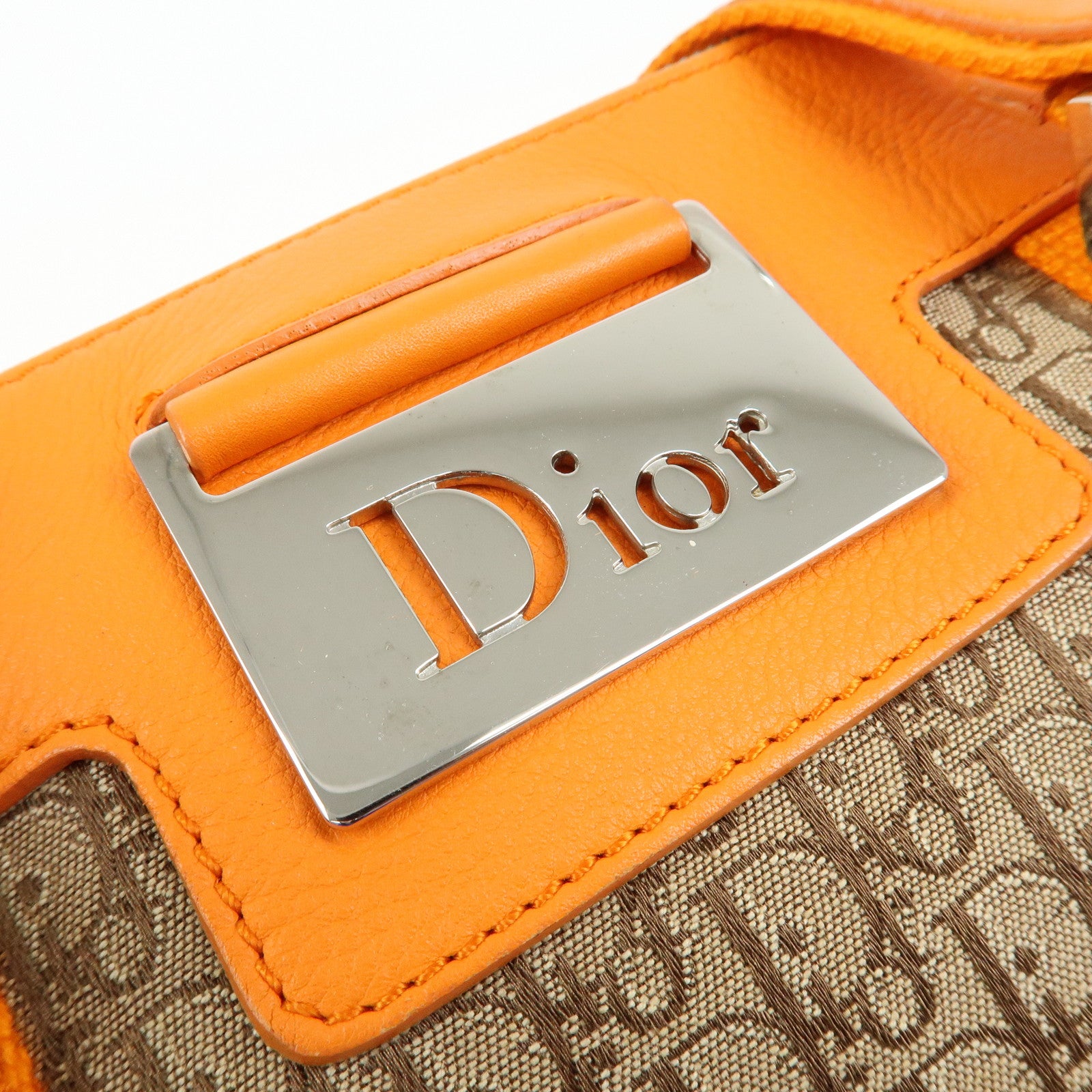 Christian Dior Trotter Jacquard Canvas Leather Hand Bag Beige Orange