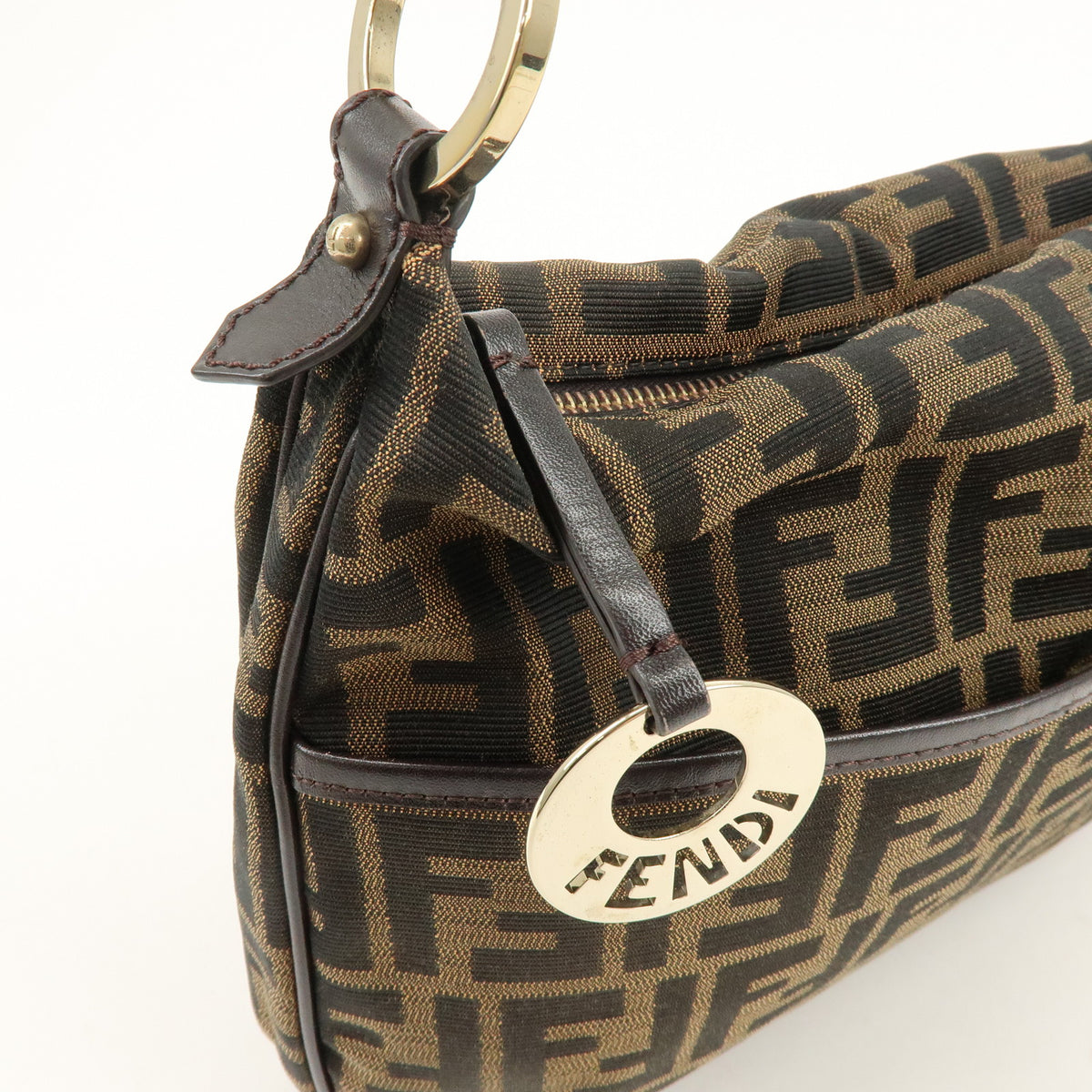FENDI Zucca Canvas Leather Shoulder Bag Brown Black 8BT190