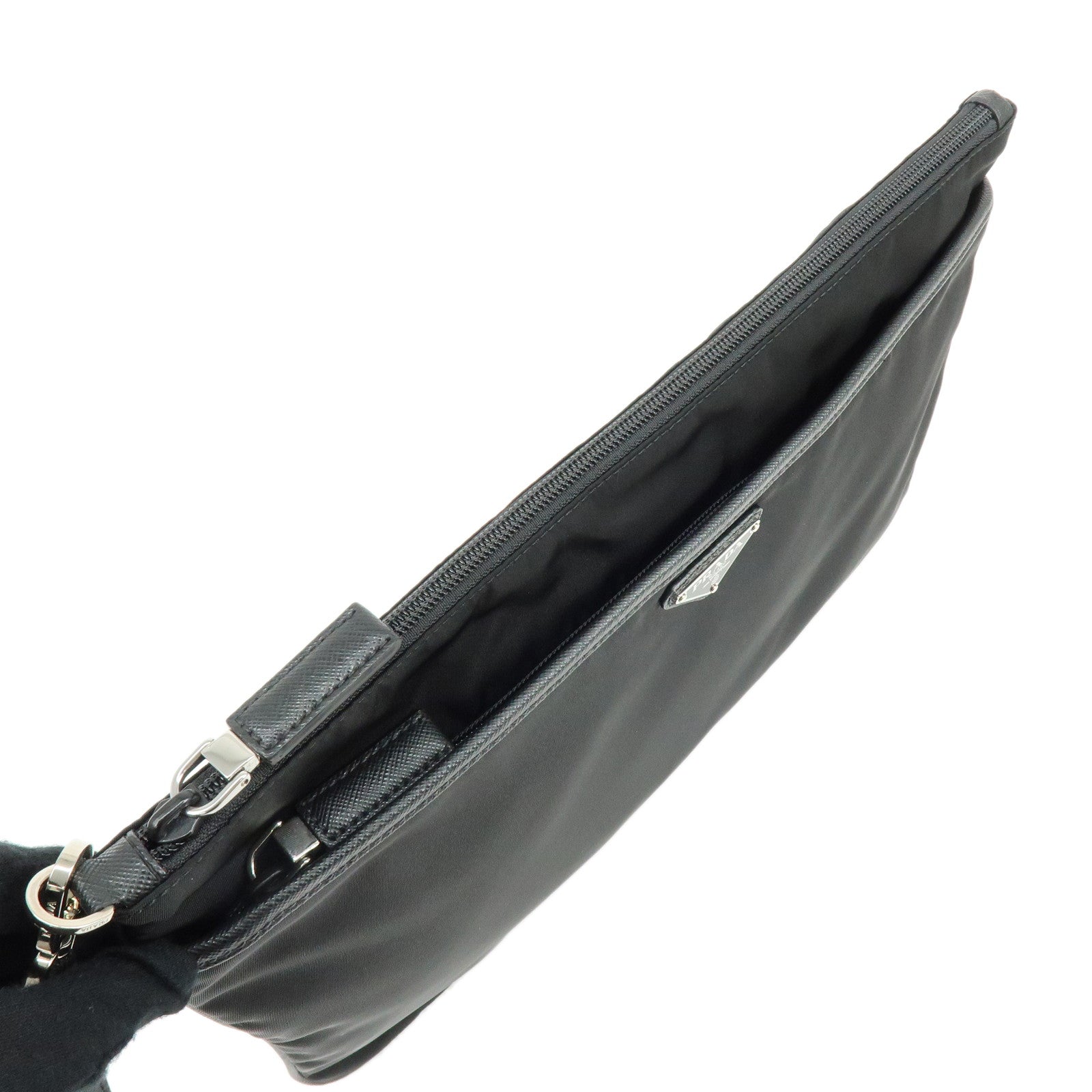 PRADA Triangle Logo Nylon Saffiano Leather Clutch Bag Black 2VN012