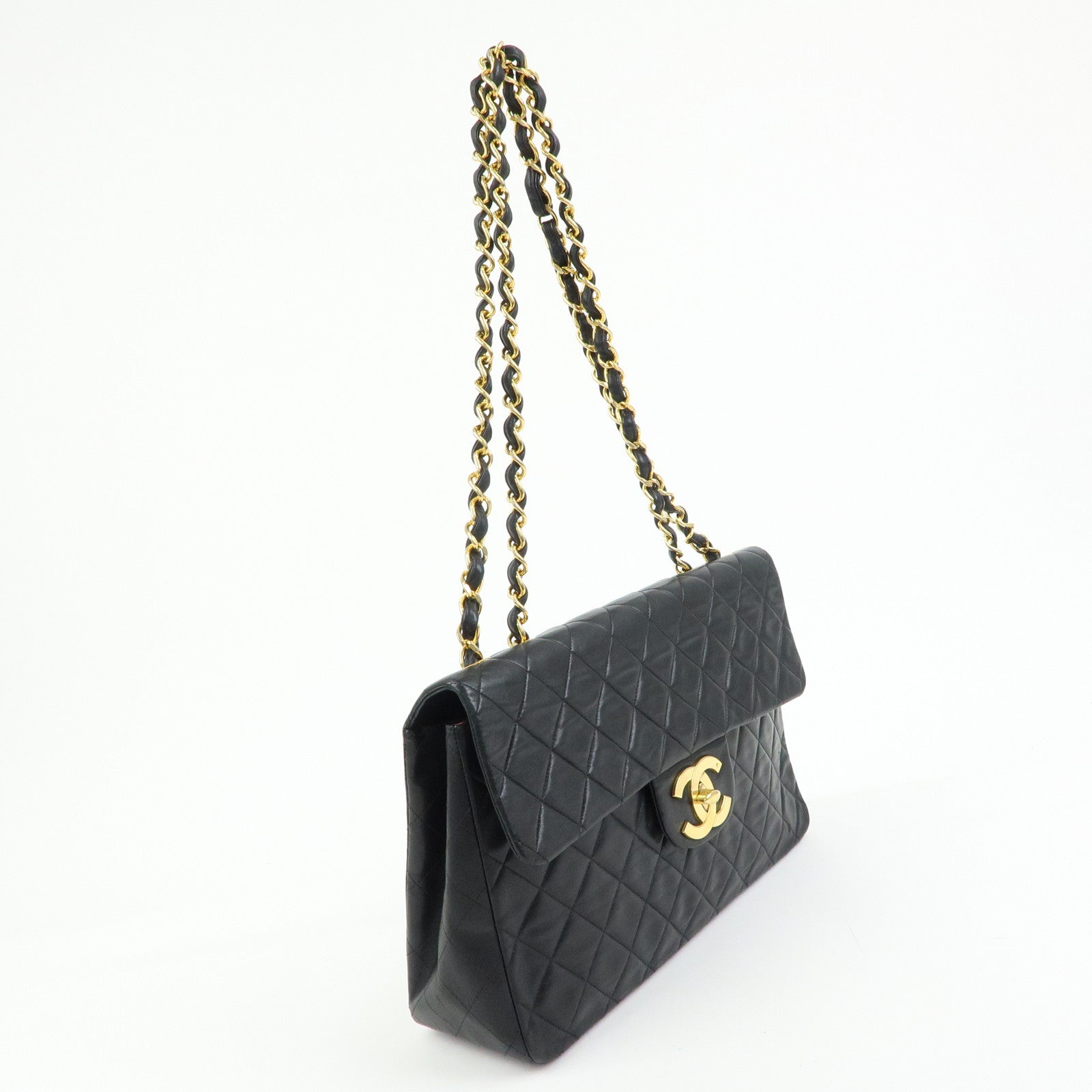 CHANEL Jumbo Matelasse 34 COCO Mark Lamb Skin Shoulder Bag Black A01094