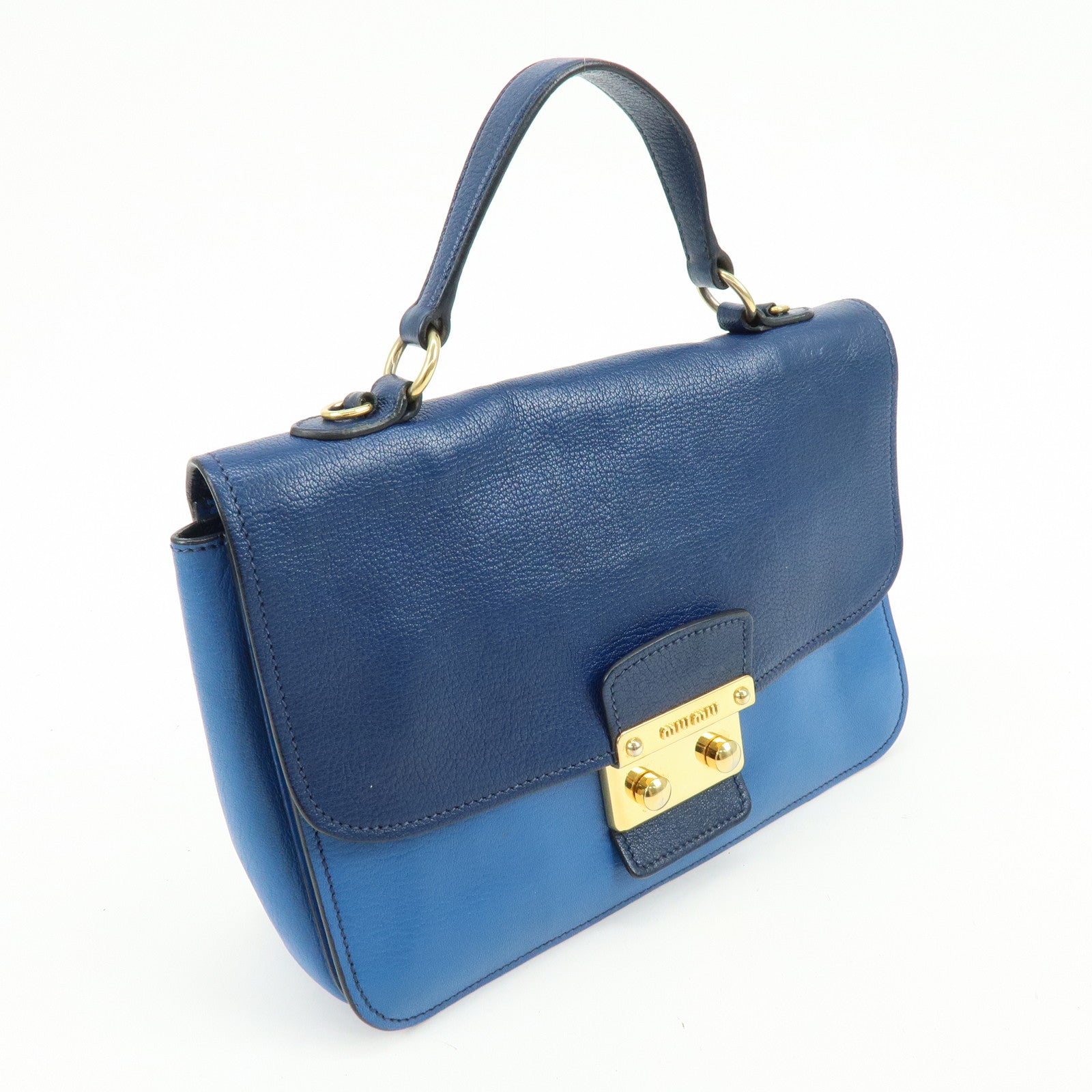 MIU MIU Logo Madras Leather Flap 2Way Bag Hand Bag Blue Navy