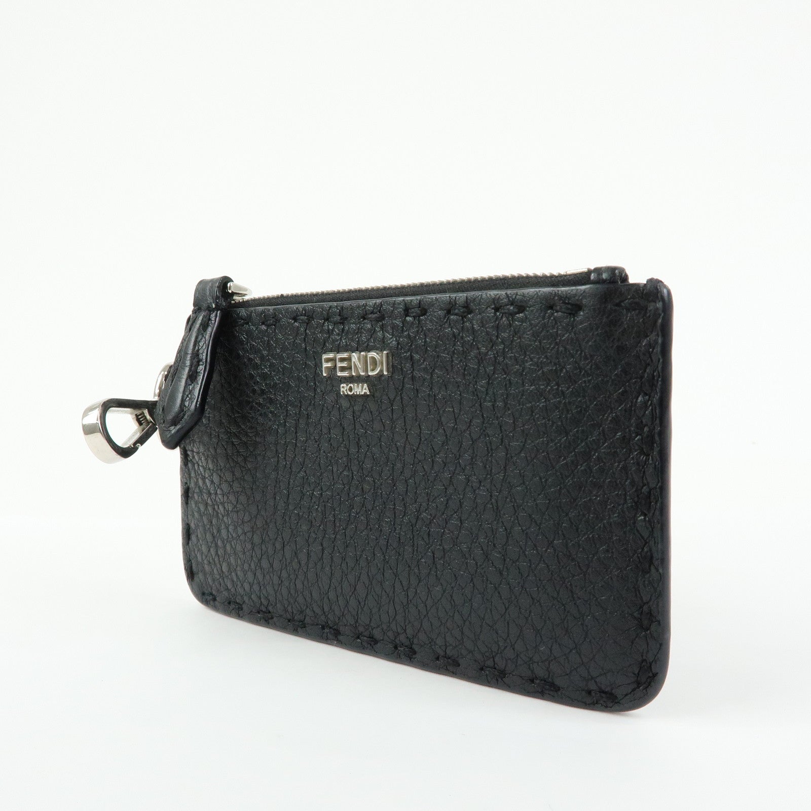 FENDI Selleria Calf Leather Card Case Coin Case Black 7M0343