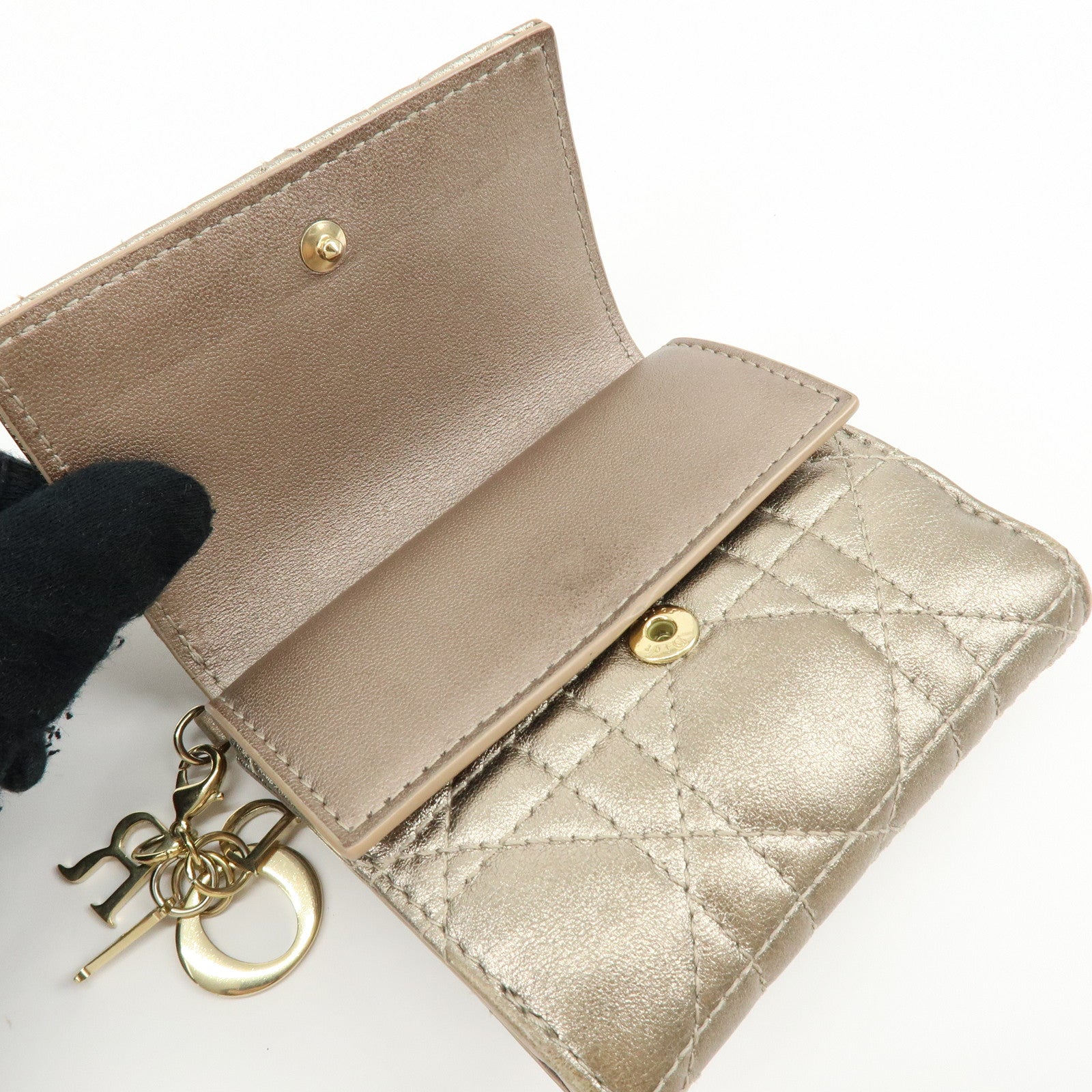 Christian Dior Lady Dior Cannage Leather Lotus Compact Wallet Beige