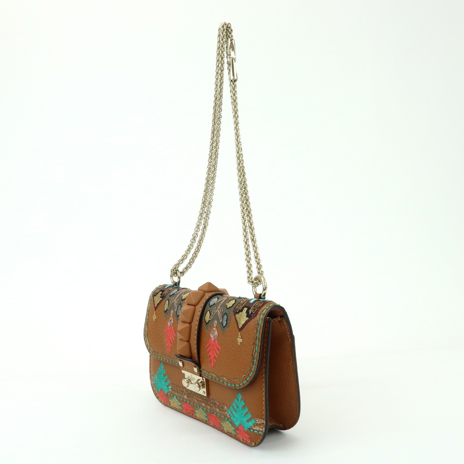 VALENTINO Glam Lock Embroidery Leather Chain Shoulder Bag Brown