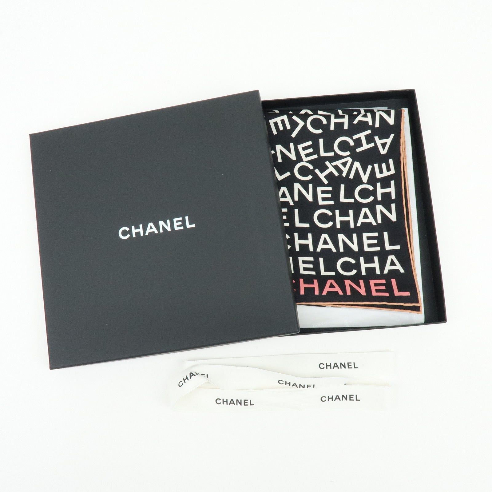CHANEL COCO Mark Silk 100% Scarf CHANEL Lettering Gradation Black Pink