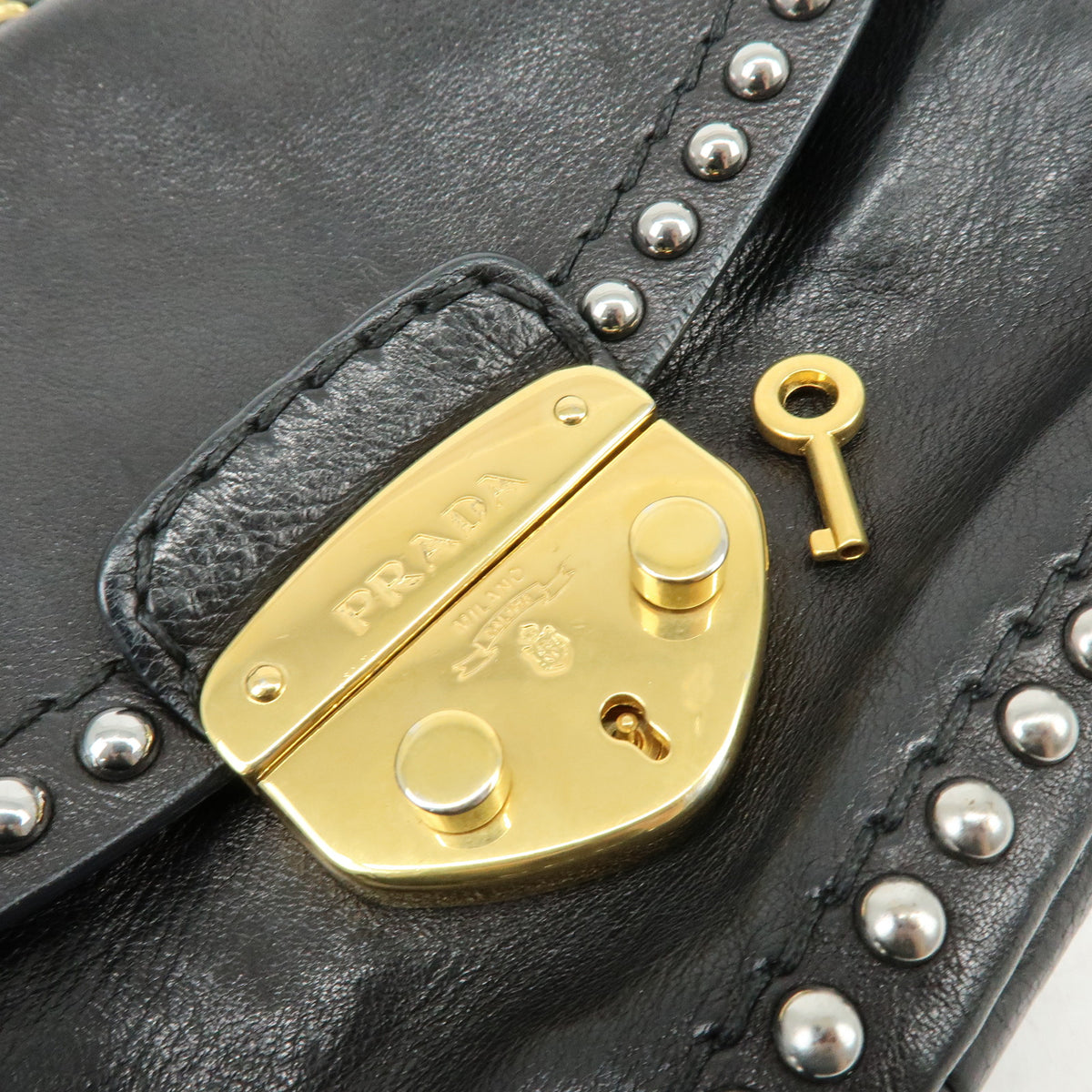 PRADA Leather Chain Shoulder Bag Studded Black Gold Silver BR4588