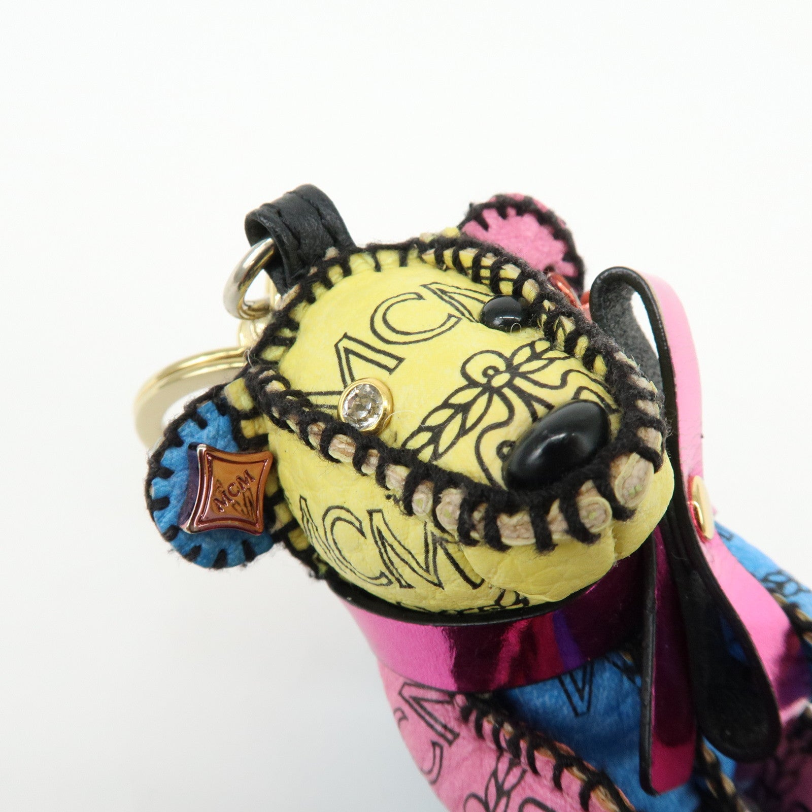 MCM Visetos Bear Leather Bag Charm Key Chain Yellow Pink Blue