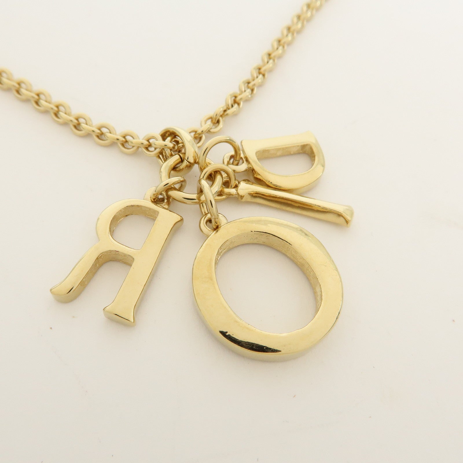 Christian Dior Logo Metal Rhinestone Pendant Necklace Gold