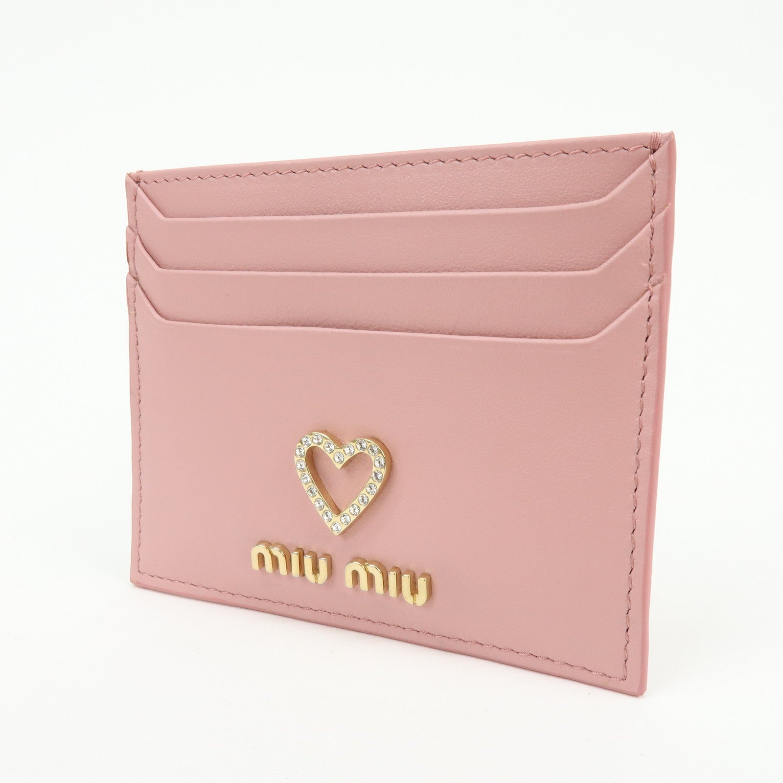 MIU MIU Leather Card Case Valentine Limited Heart Motif Rhinestone Pink