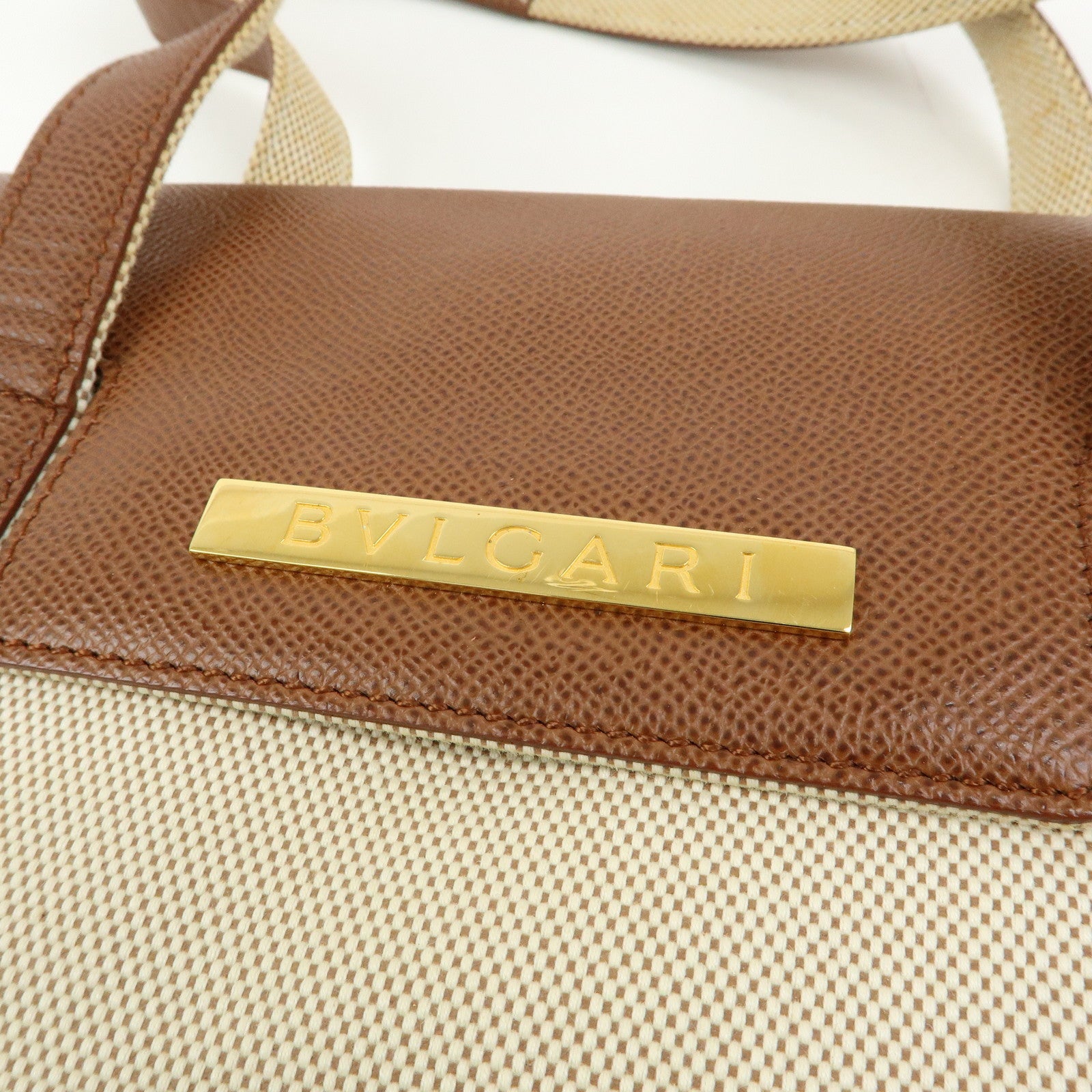 BVLGARI Canvas Leather Flap Shoulder Hand Bag Beige Brown
