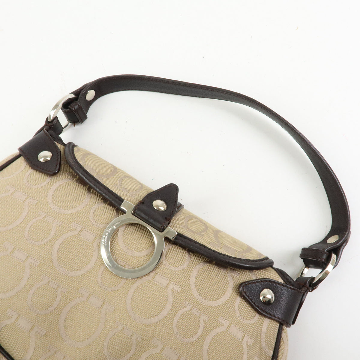 Ferragamo Gancini Jacquard Canvas Leather Hand Bag Beige Brown