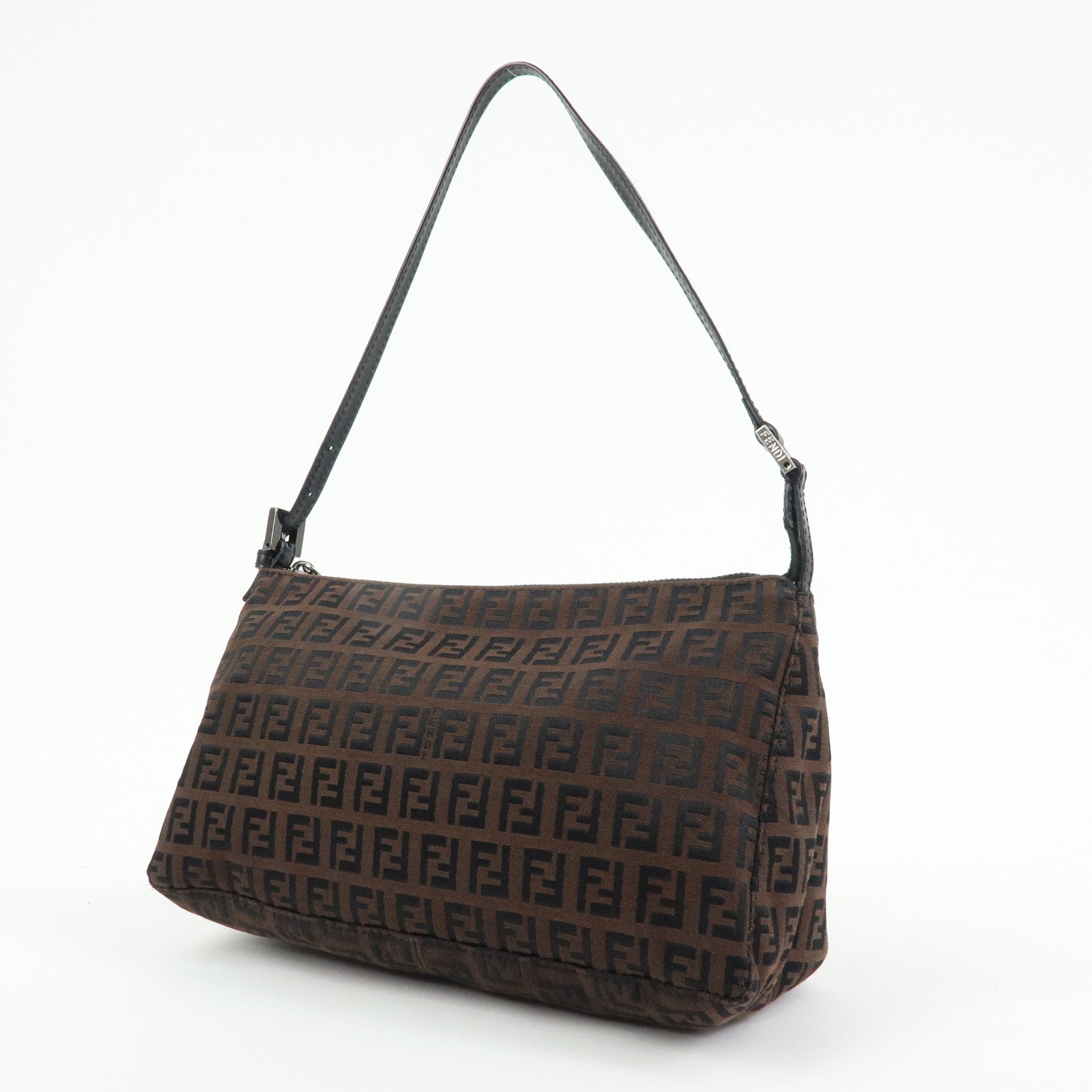 FENDI Zucchino Canvas Leather Shoulder Bag Brown Black 8BR267