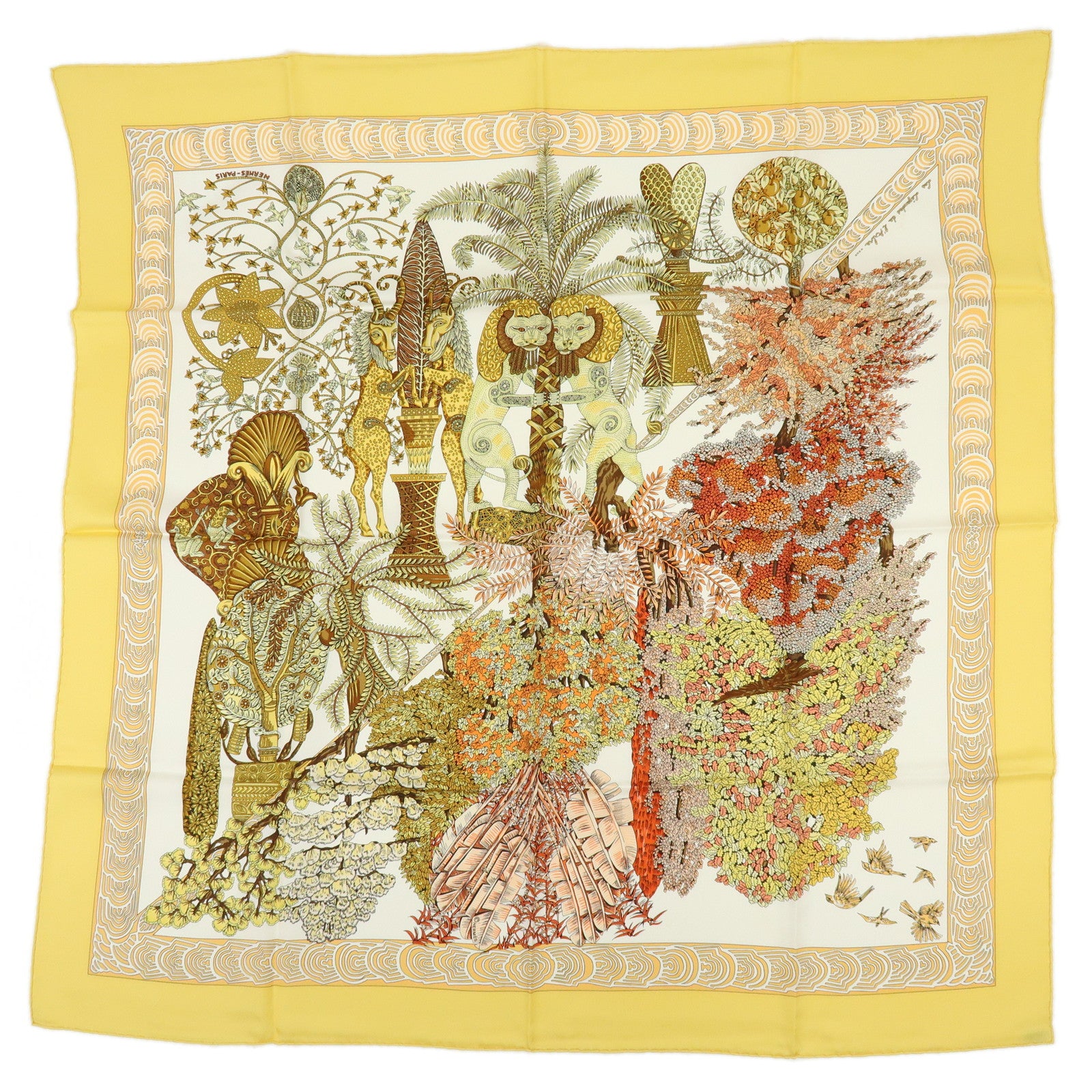 HERMES Carre 90 Silk 100% Scarf LES LEJENDES DE L'ARBRE Yellow Brown