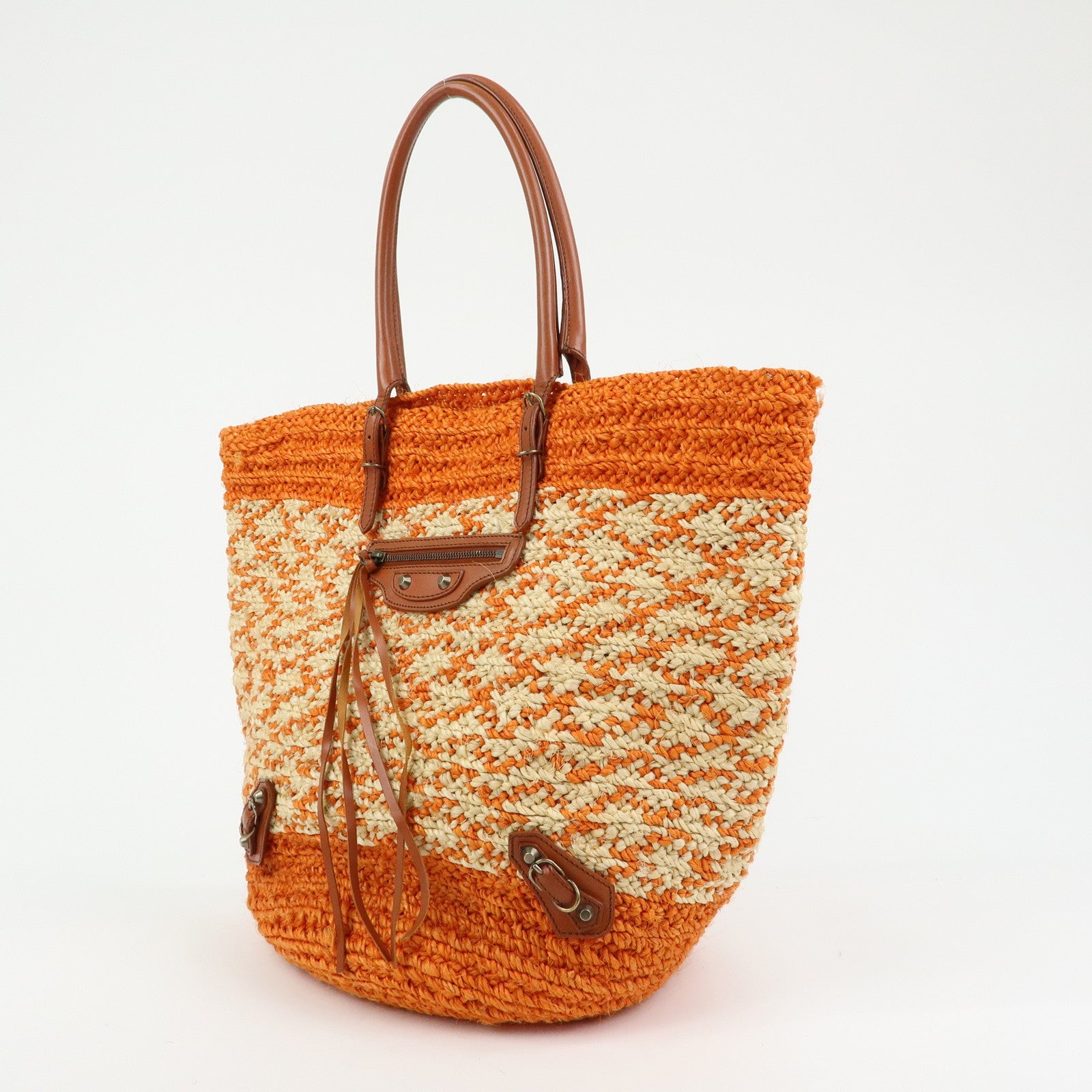 BALENCIAGA Motocross Classic Panier Raffia Leather Tote Bag 286370