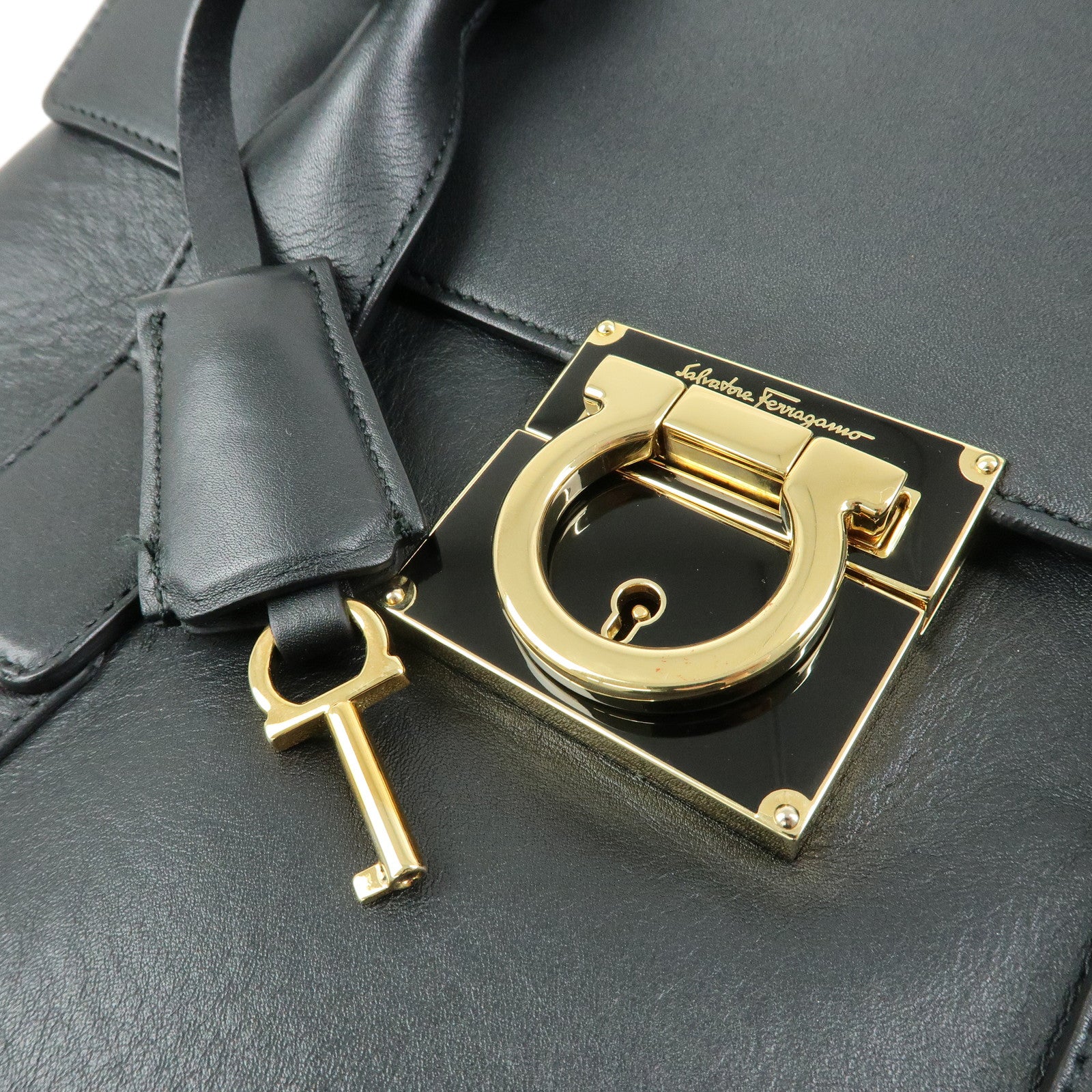 Ferragamo Gancini Leather 2Way Bag Hand Bag Shoulder Bag Black