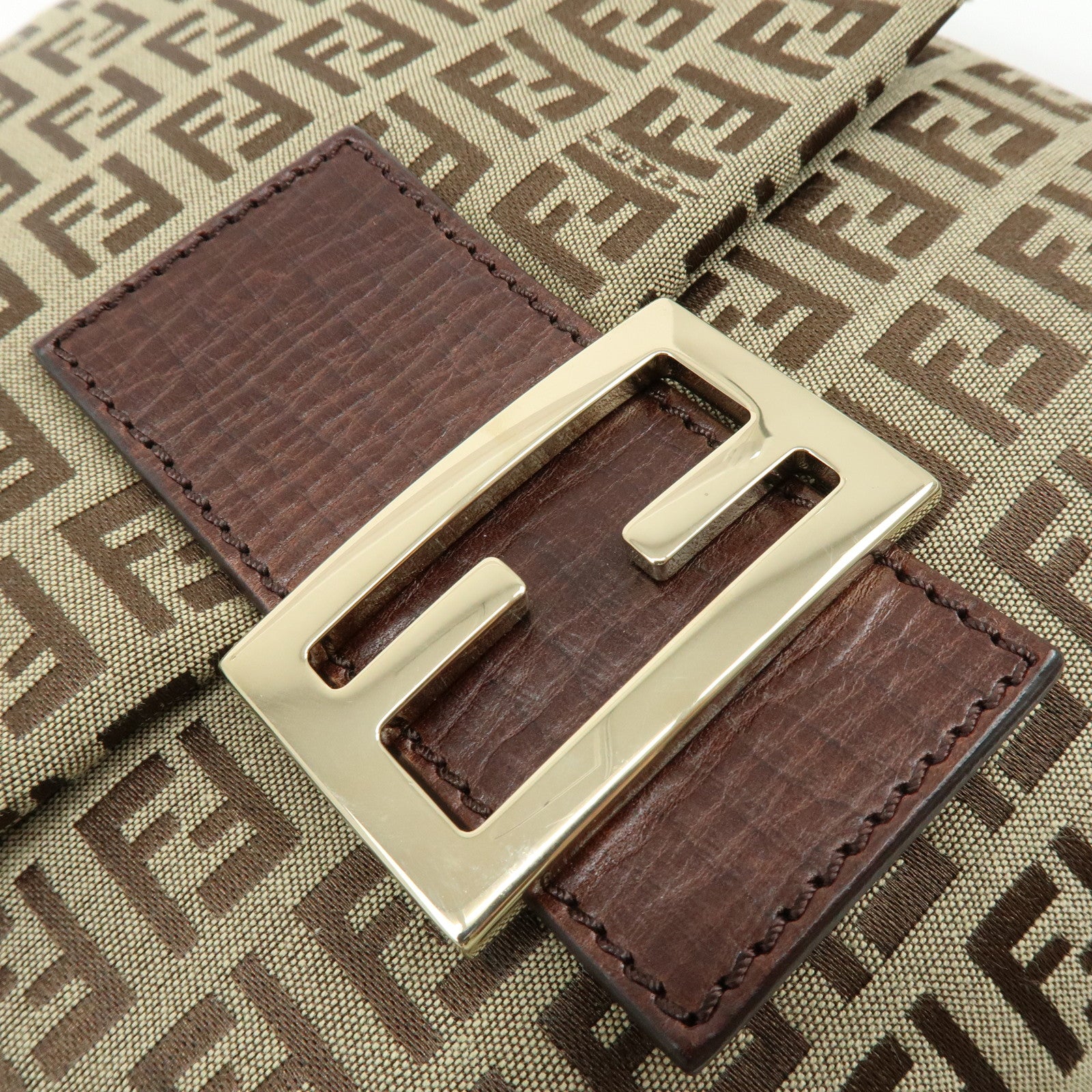 FENDI Zucchino Canvas Leather Shoulder Bag Beige Brown 8BT075
