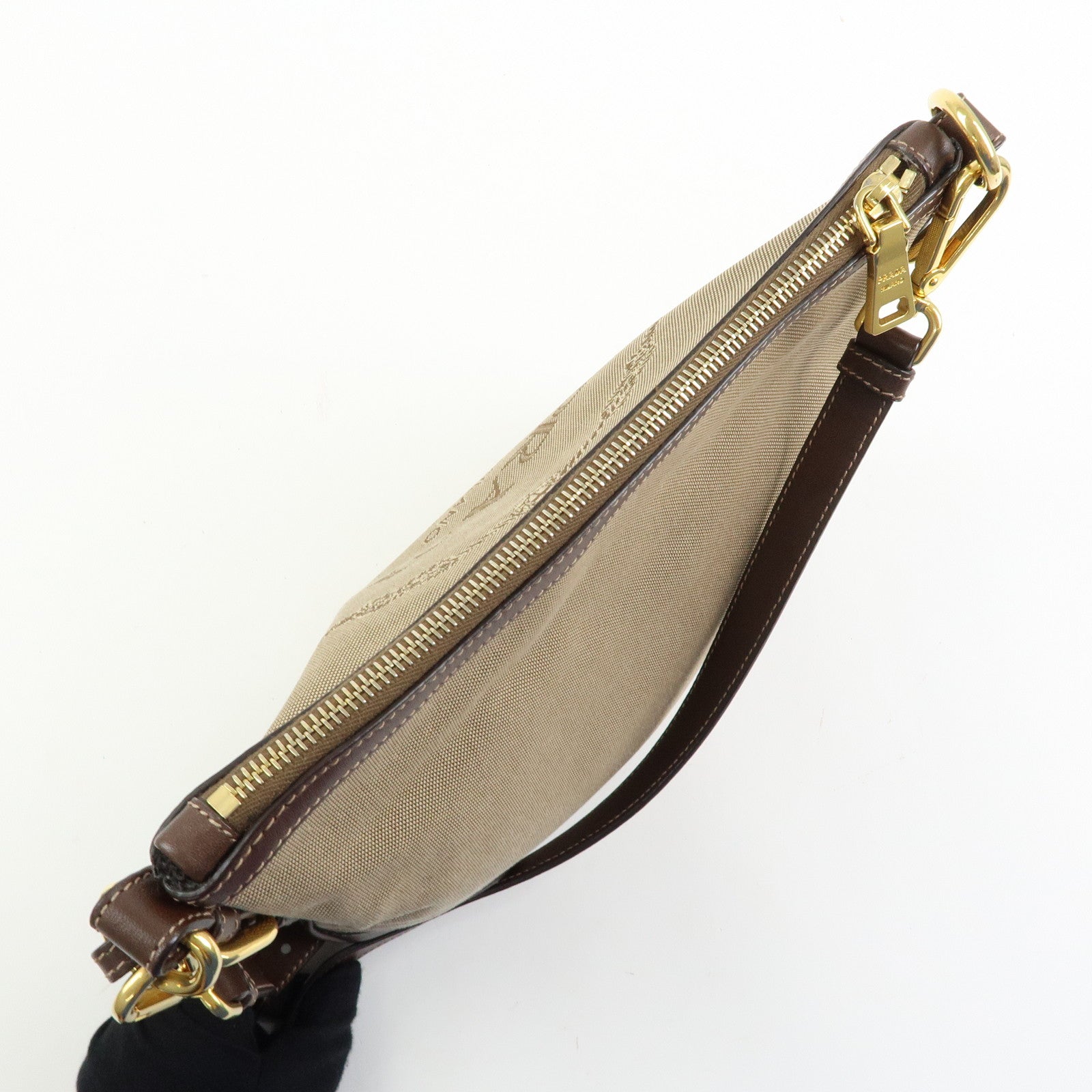 PRADA Jacquard Canvas Leather Shoulder Bag Crossbody Bag Beige Brown