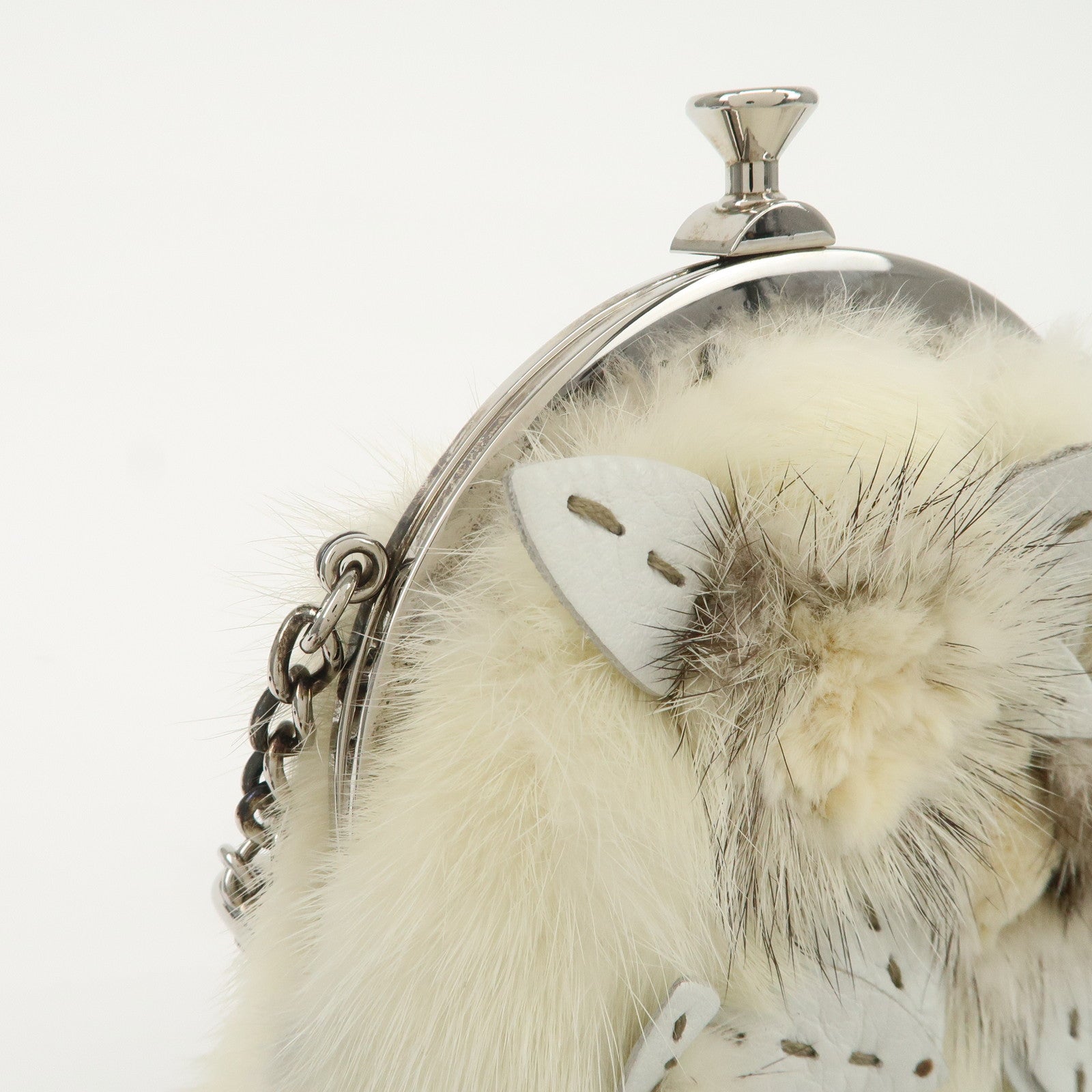 FENDI Seleria Leather Fur Flower Motif Kiss Lock Pouch Hand Bag 8BK048 Used