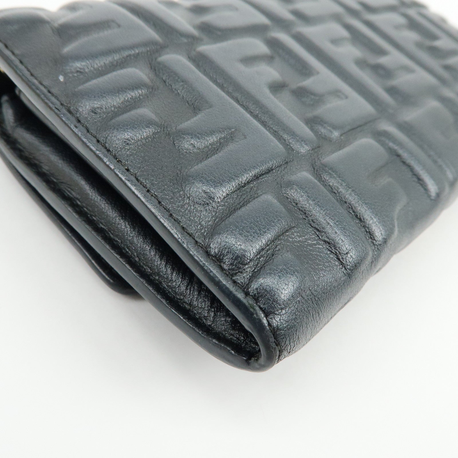 FENDI Baguette Zucca Embossed Leather Chain Long Wallet Black 8M0365