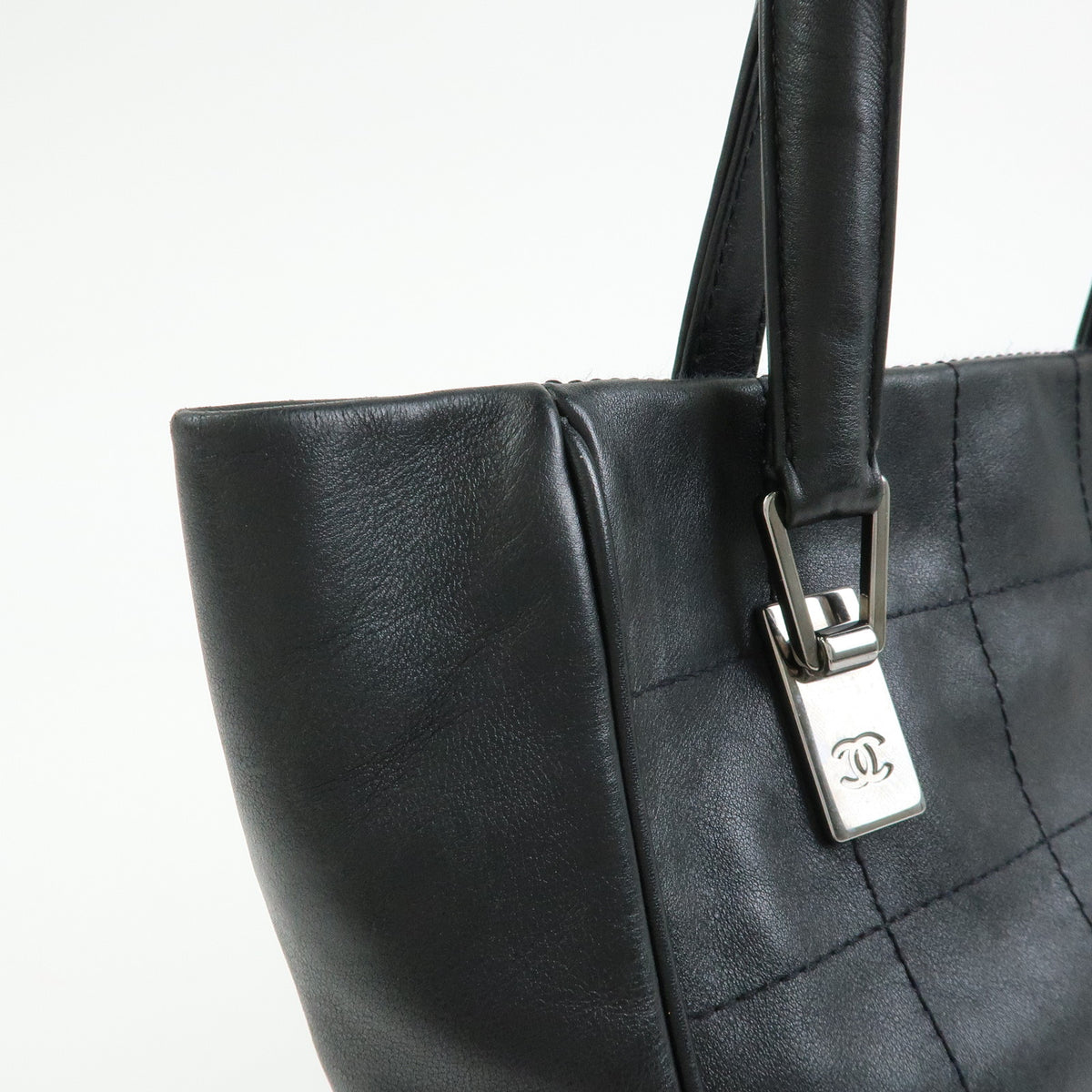 CHANEL Chocolate Bar COCO Mark Lamb Skin Hand Bag Tote Bag Black