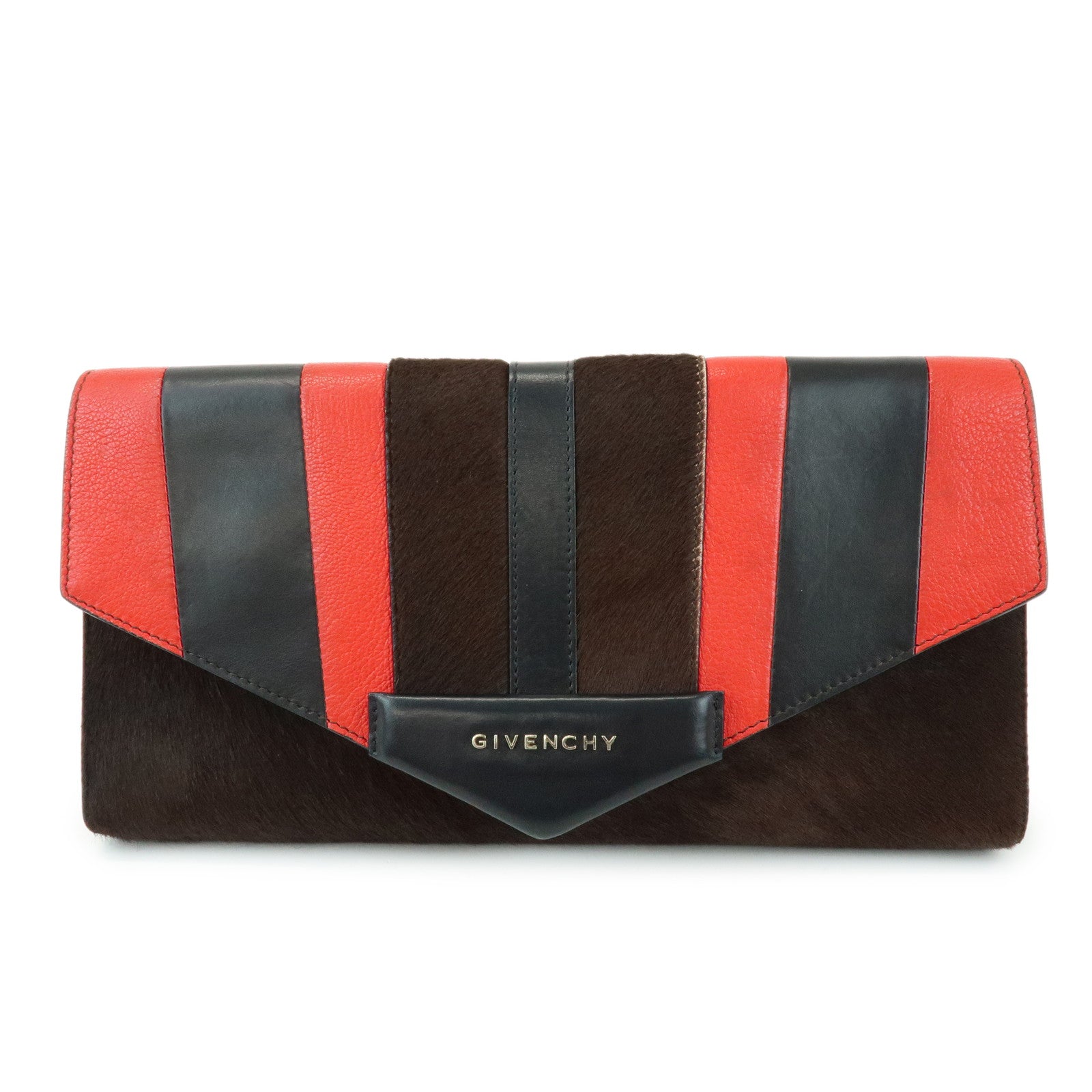 GIVENCHY Pony Hair Leather Clutch Bag Flat Pouch Brown Red TE0142