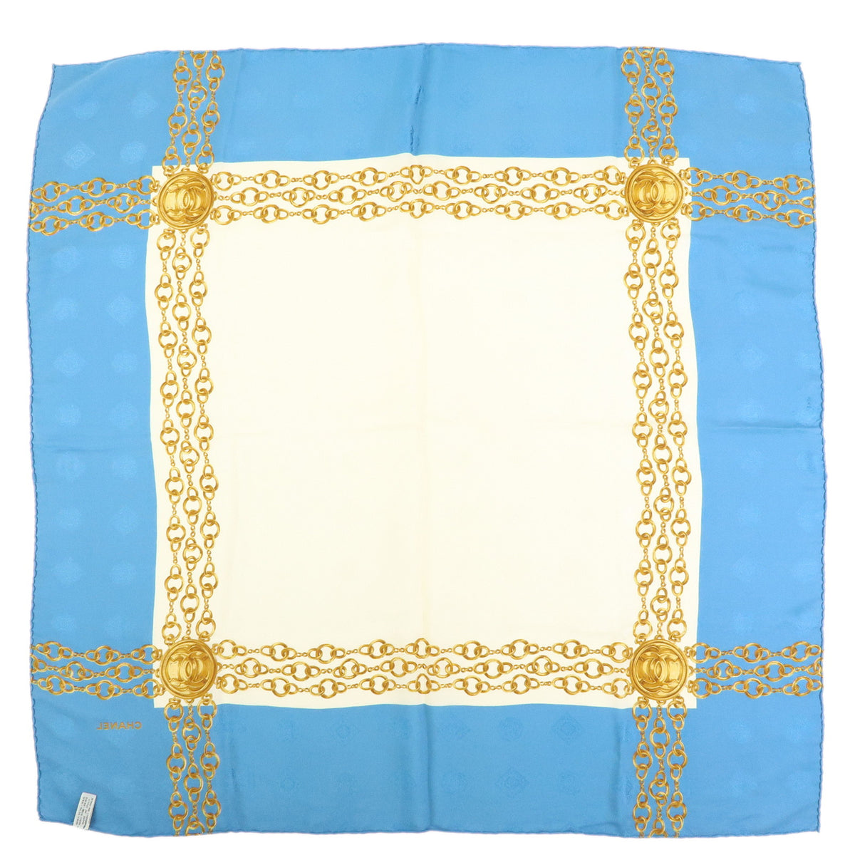 CHANEL Silk 100% Scarf Gold Chain Motif Light Blue White