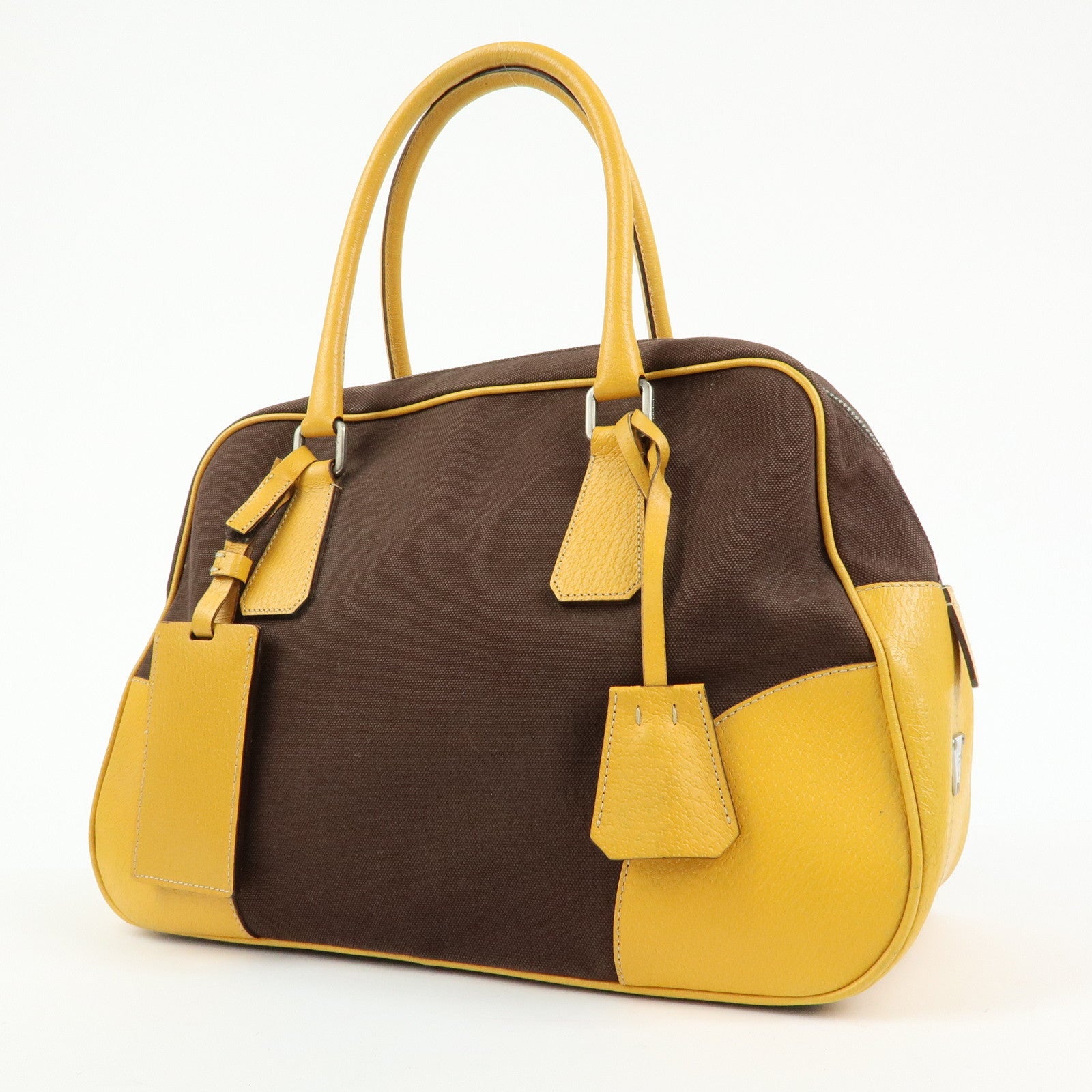 PRADA Triangle Logo Canvas Leather Boston Bag Brown Yellow B10813