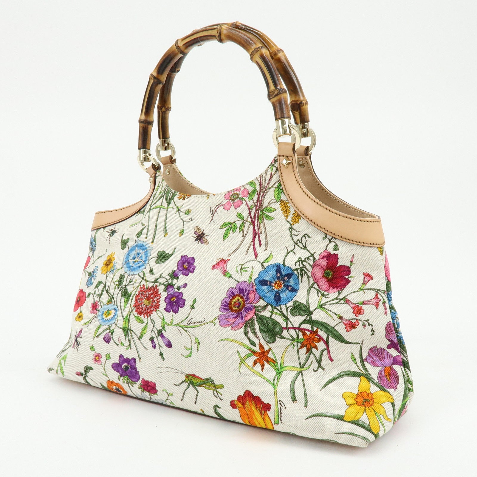 GUCCI Bamboo Flora Canvas Leather Hand Bag Multicolor Beige 137395