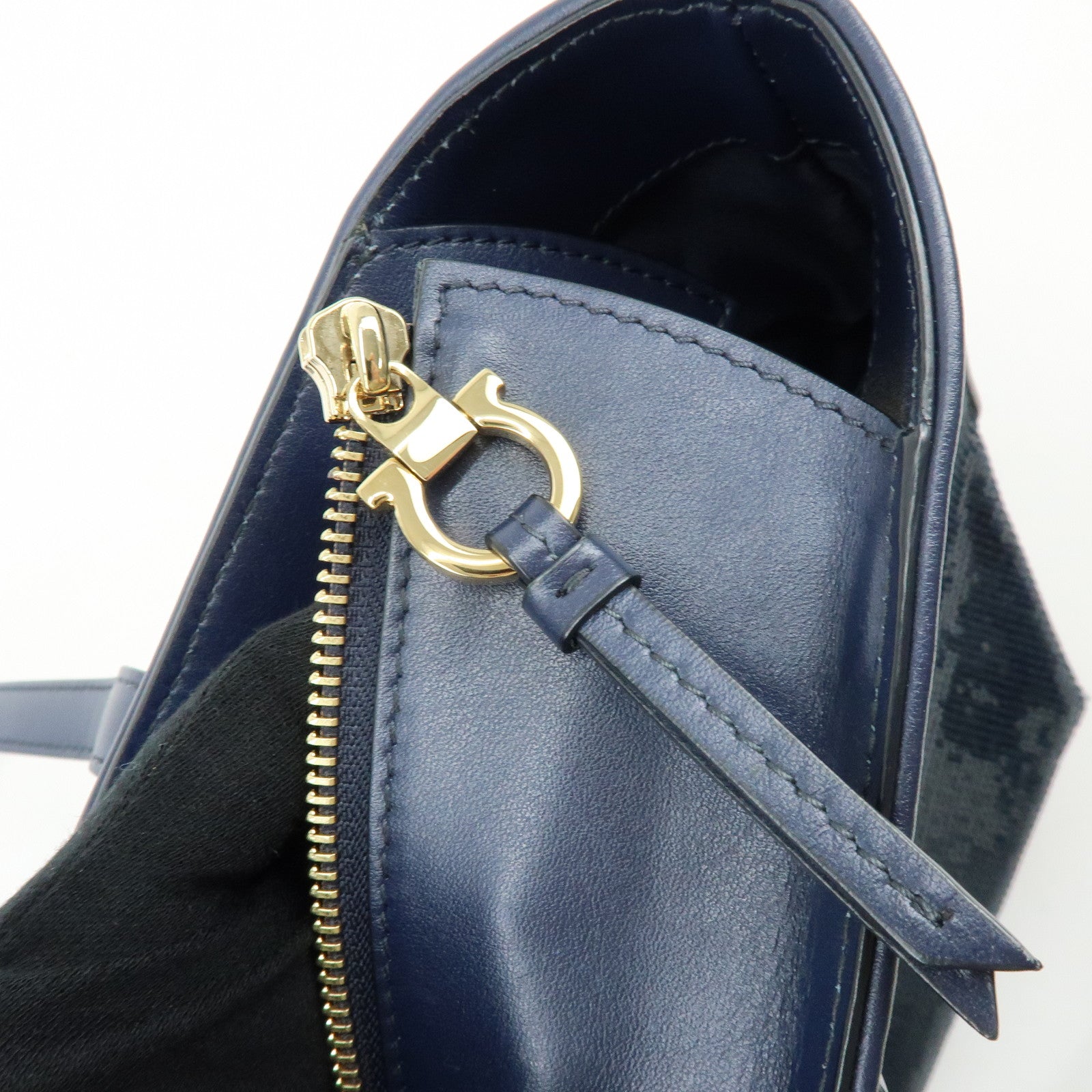 Ferragamo Gancini Sequin Leather Tote Bag Hand Bag Navy