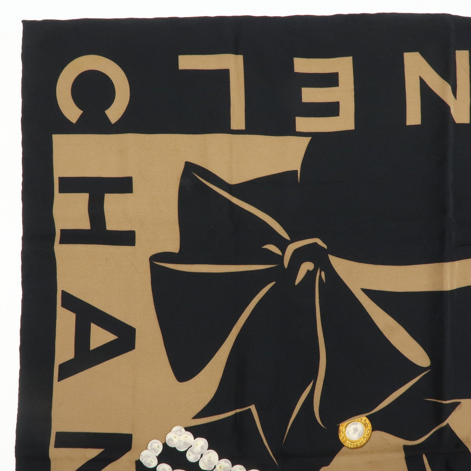 CHANEL Silk 100% Scarf Pearl Jewelry Brown Black Gold Multicolor