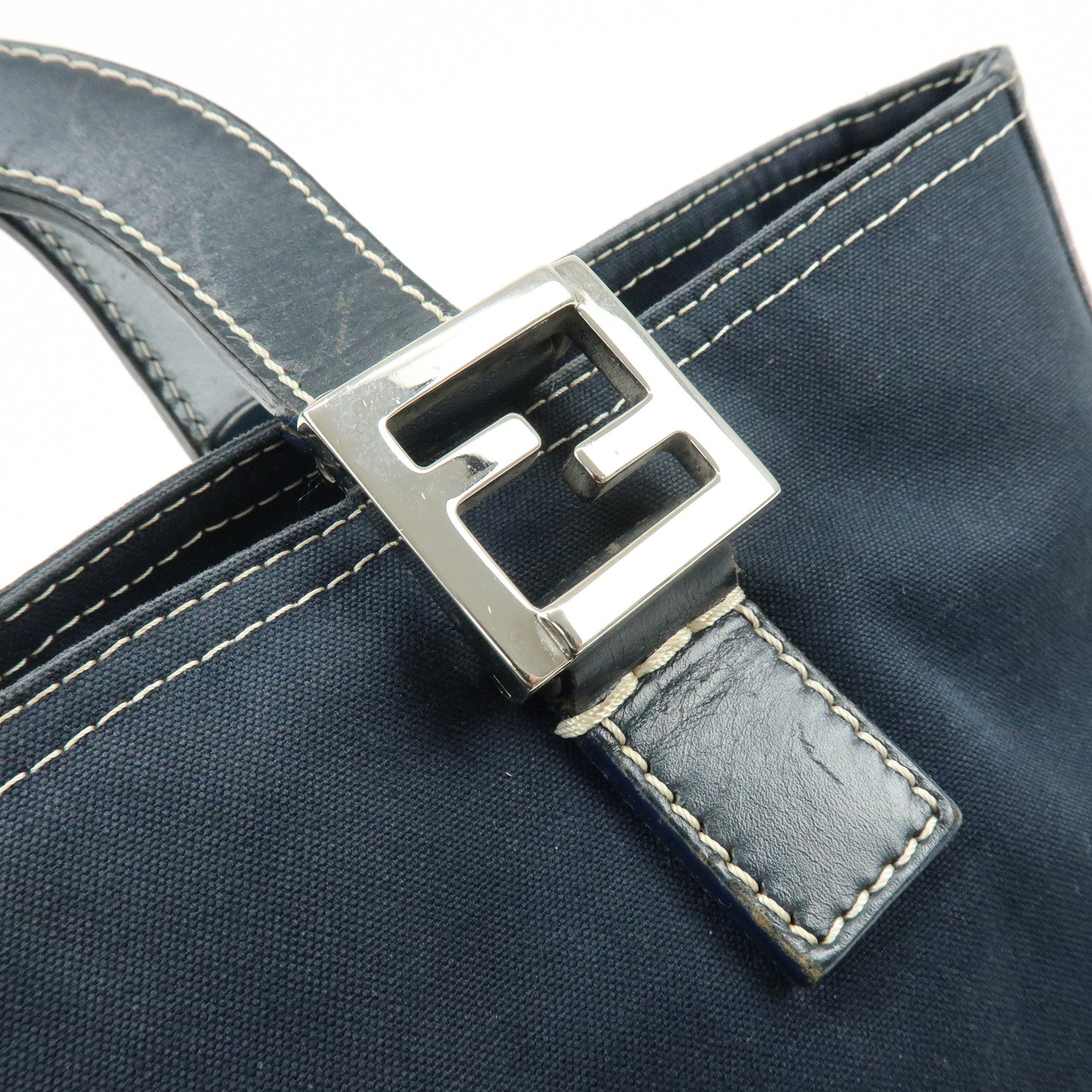 FENDI Canvas Leather Tote Bag Hand Bag White Stitch Navy 26693