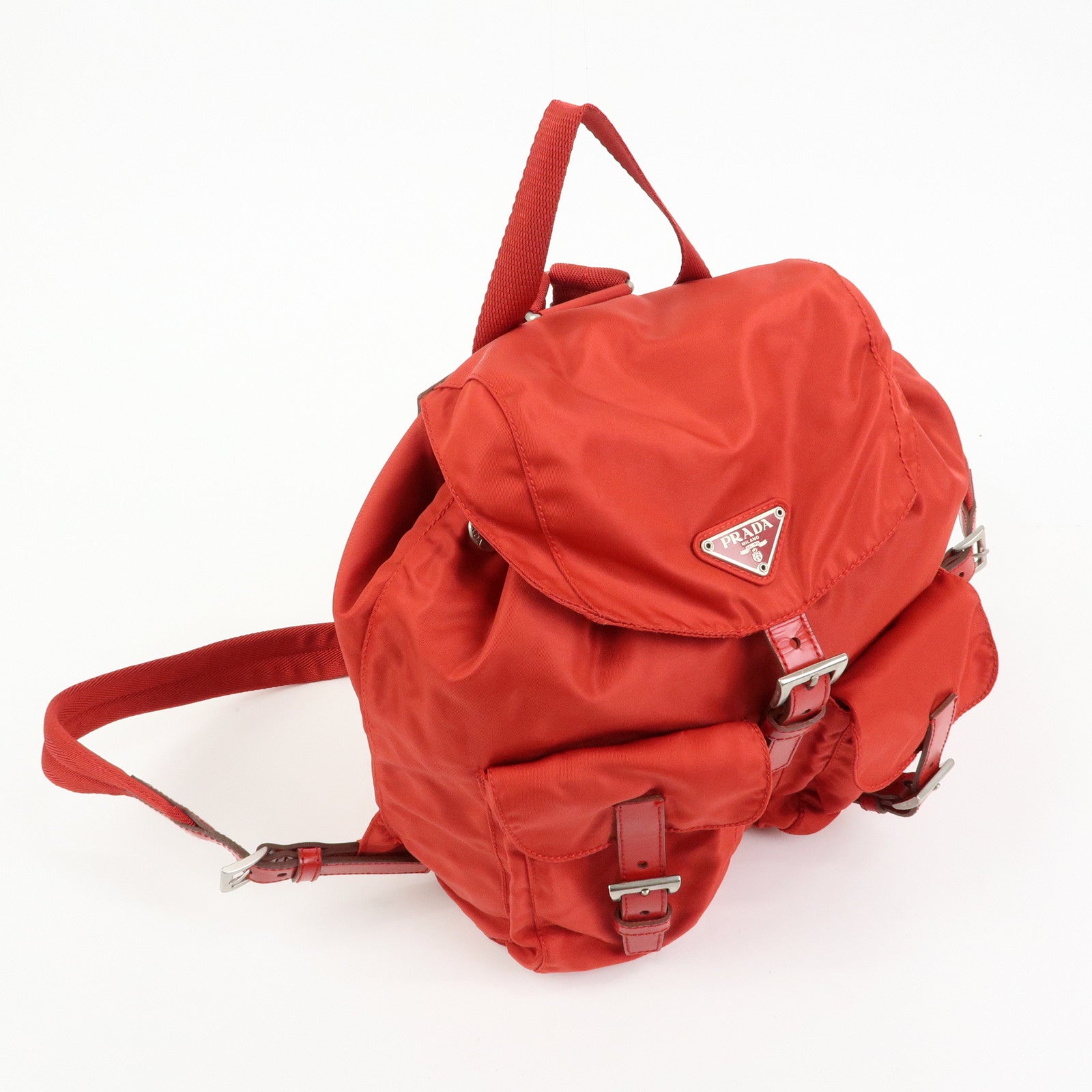 PRADA Triangle Logo Nylon Leather Backpack Rucksuck Red