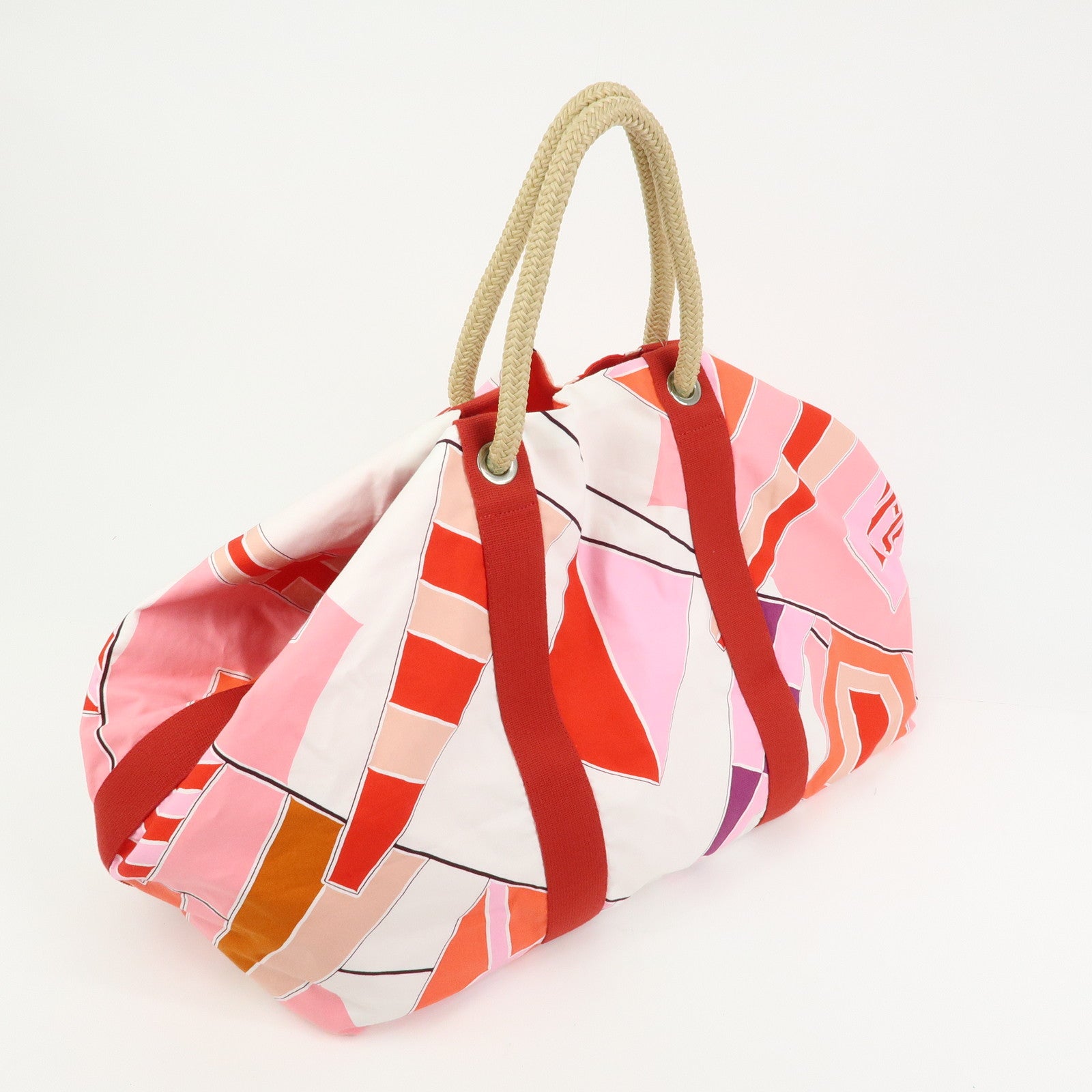 HERMES Cabas Drapeaux Au Vent Cotton Beach Bag Tote Bag Pink Red White