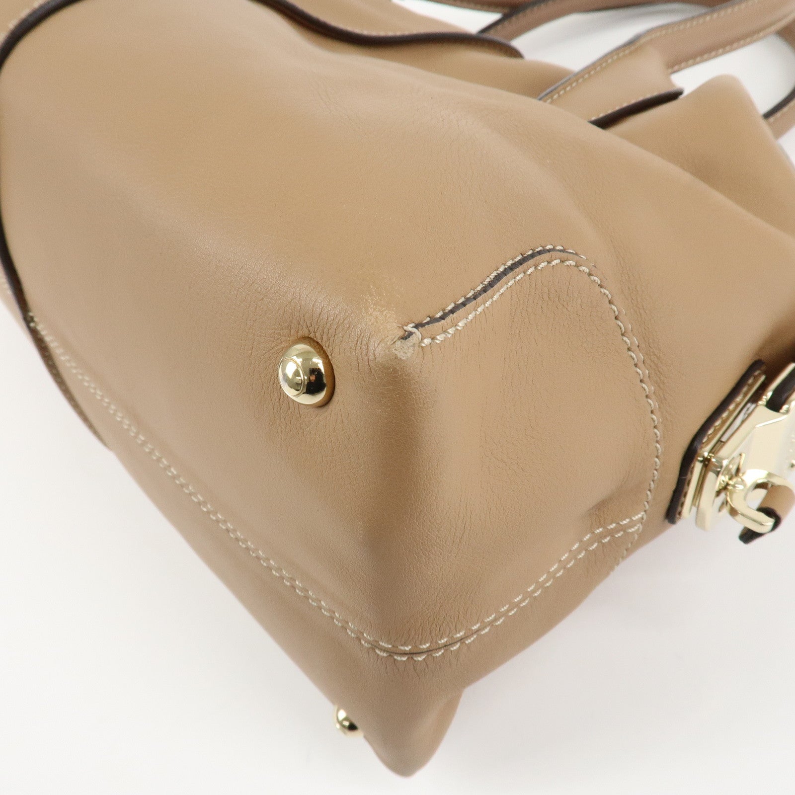 TOD'S Leather Shoulder Bag Boston Bag Hand Bag Beige Used