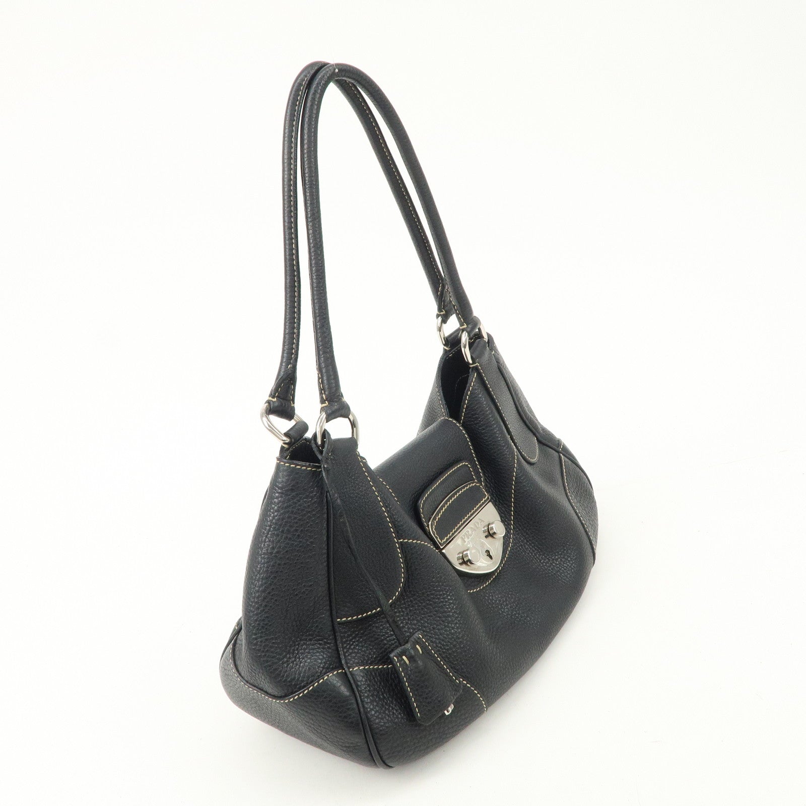 PRADA Logo Leather Shoulder Bag Hand Bag Black Silver Hardware