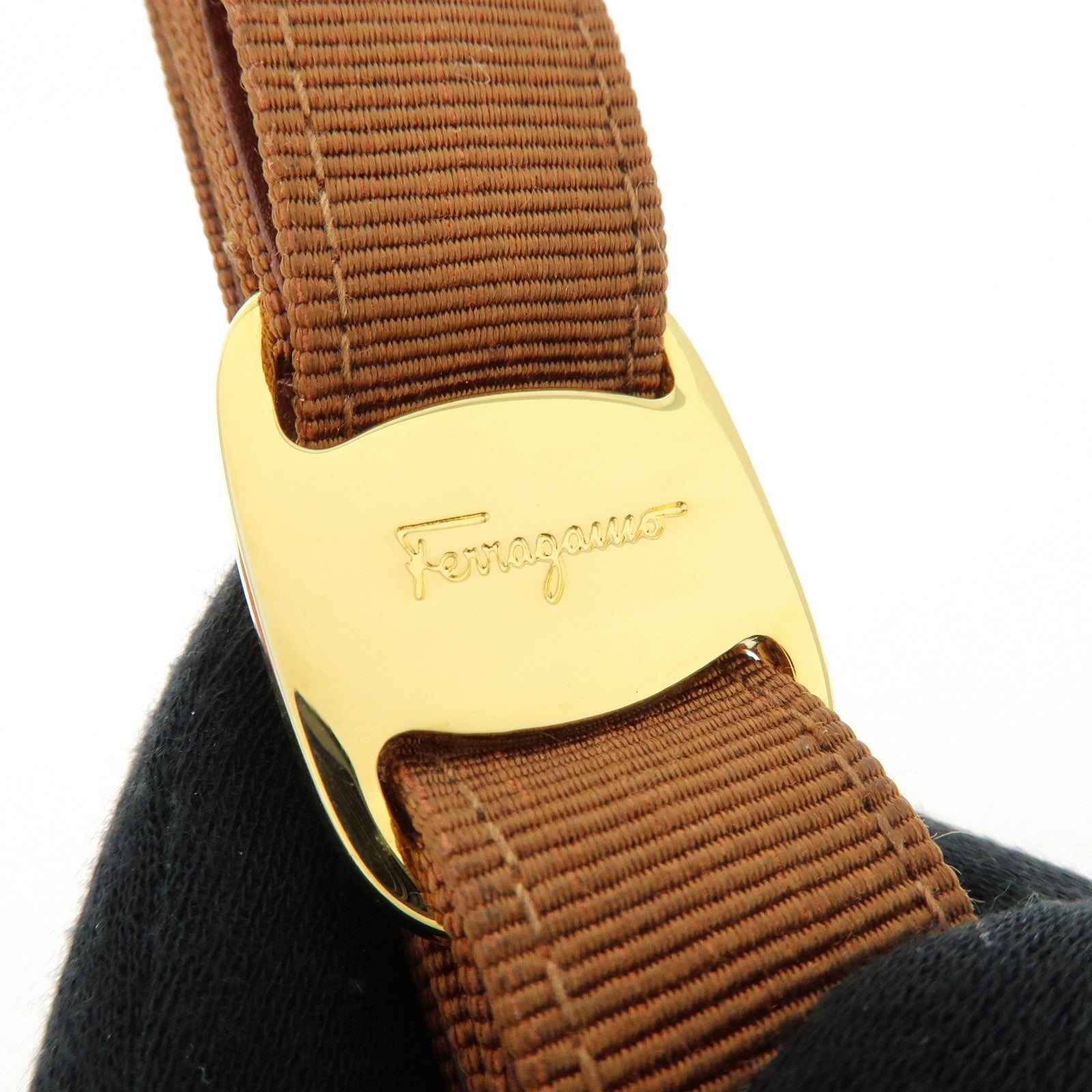 Ferragamo Varra Ribbon Canvas Metal Bag Charm Key holder Brown