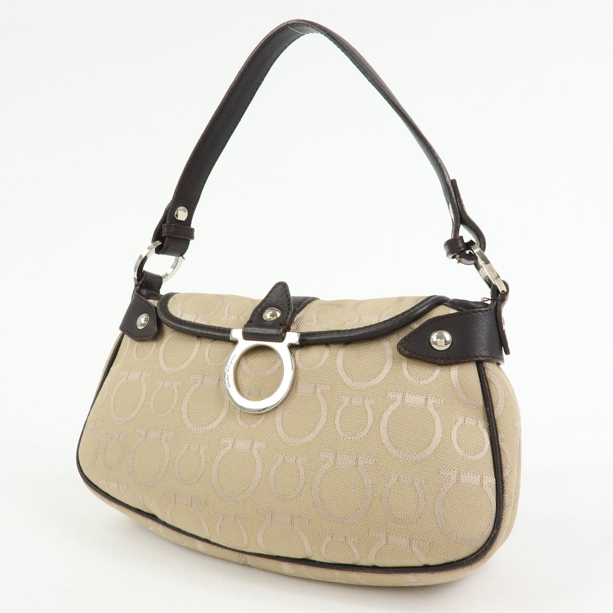 Ferragamo Gancini Jacquard Canvas Leather Hand Bag Beige Brown