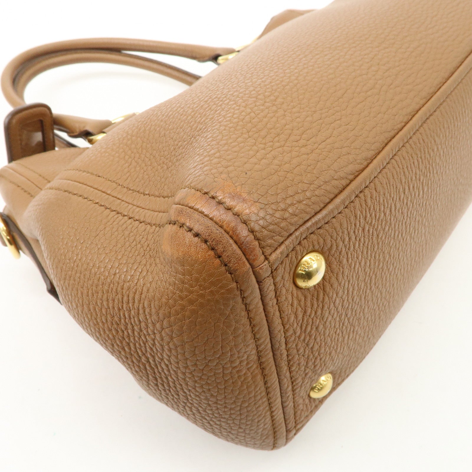 PRADA Logo Leather 2WAY Tote Bag Hand Bag Brown Gold Hardware Used